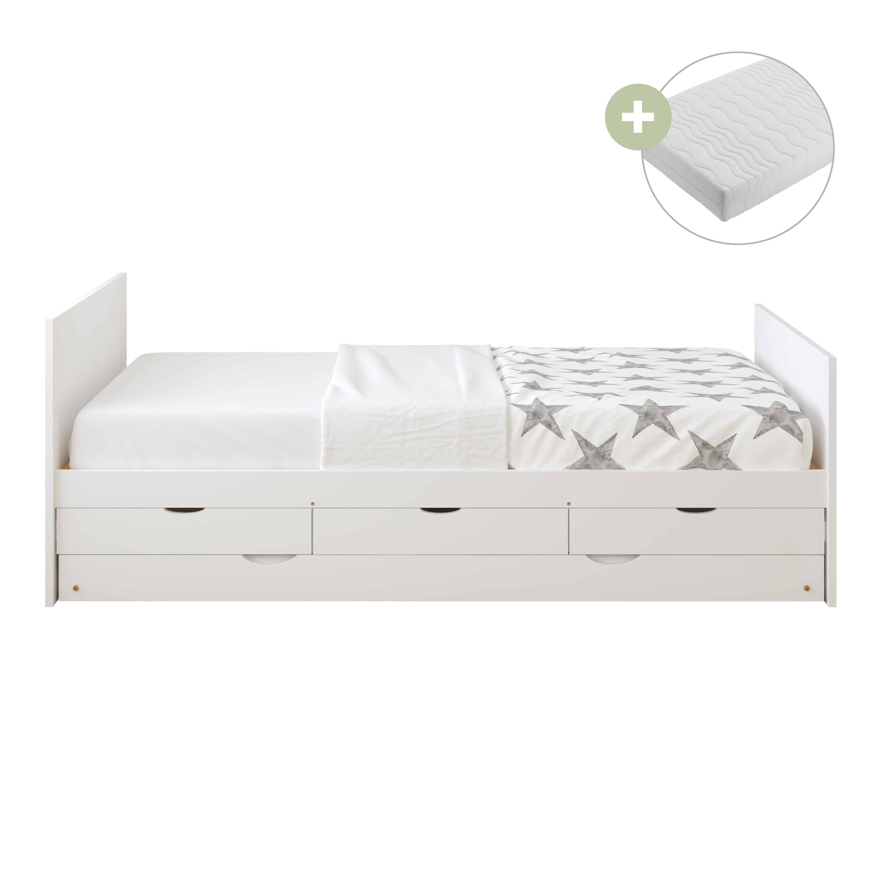 Sunny Eli Kids Bed with Pull-Out Bed and 3 Storage Drawers White – With Mattress