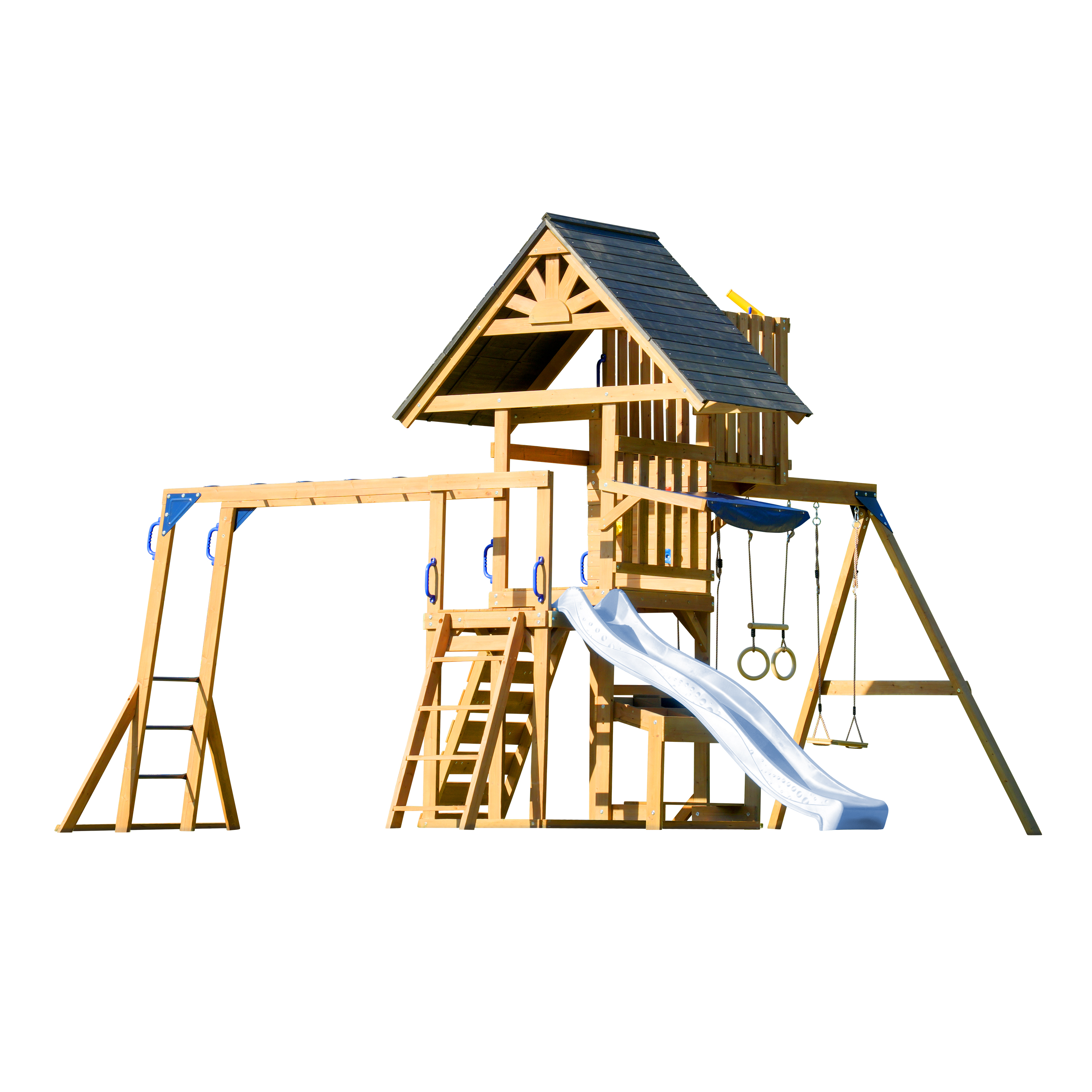 AXI Mitch Climbing Frame with Double Swing. Trapeze and Lookout Tower – Pastel Blue Slide
