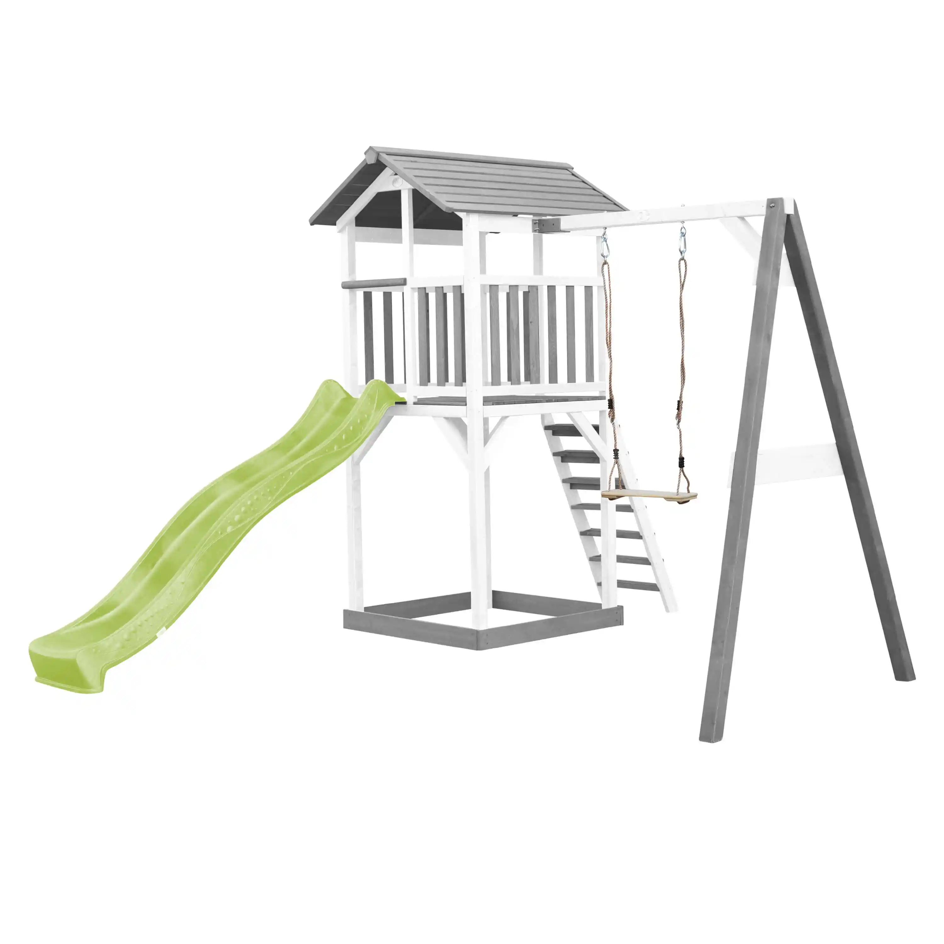 AXI Beach Tower Speeltoren met Enkele Schommel Grijs/wit - Limoen groene glijbaan