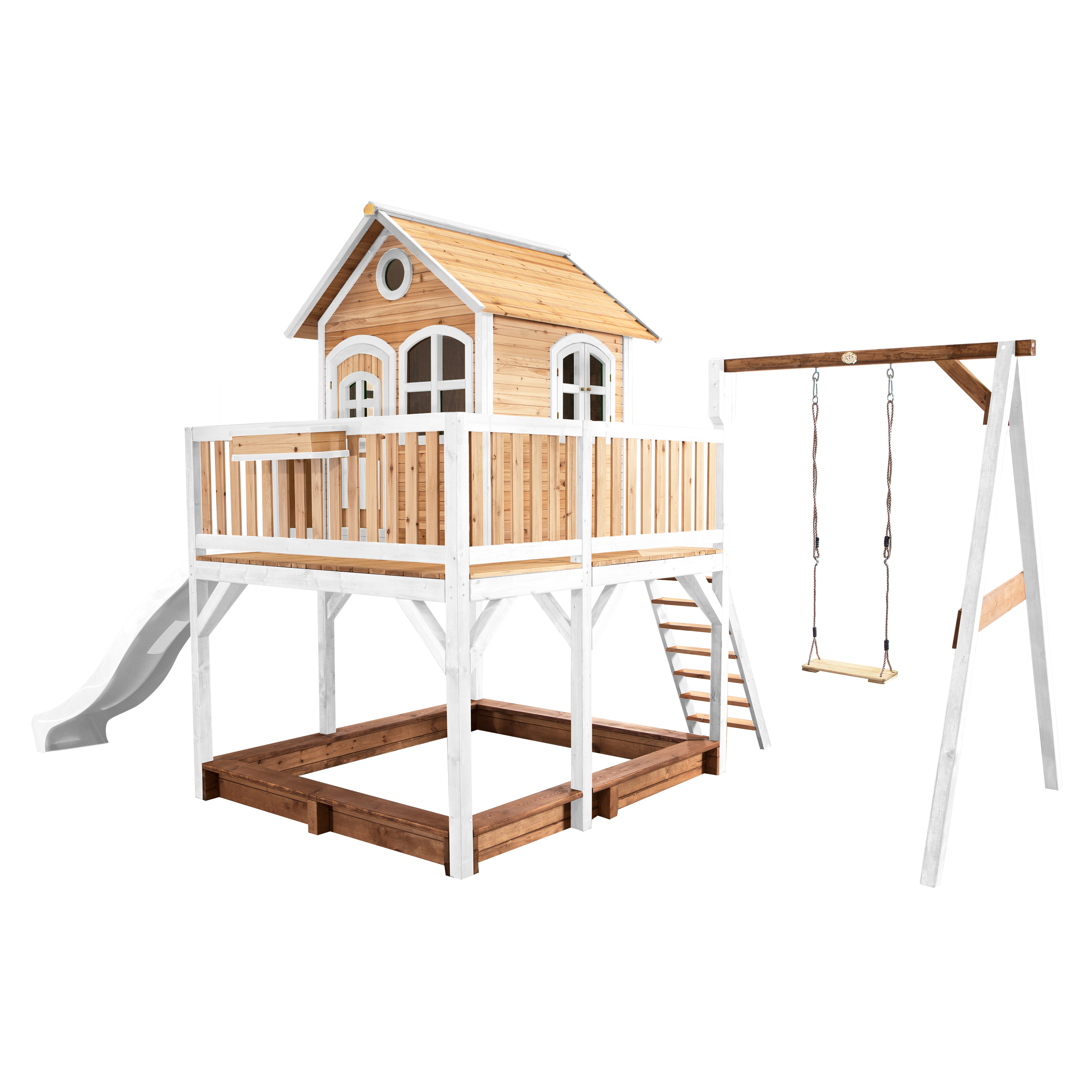 AXI Liam Playhouse with Single Swing Set Brown/White - White Slide-8717973933496 AXI Liam Playhouse with Single Swing Set Brown/White - White Slide