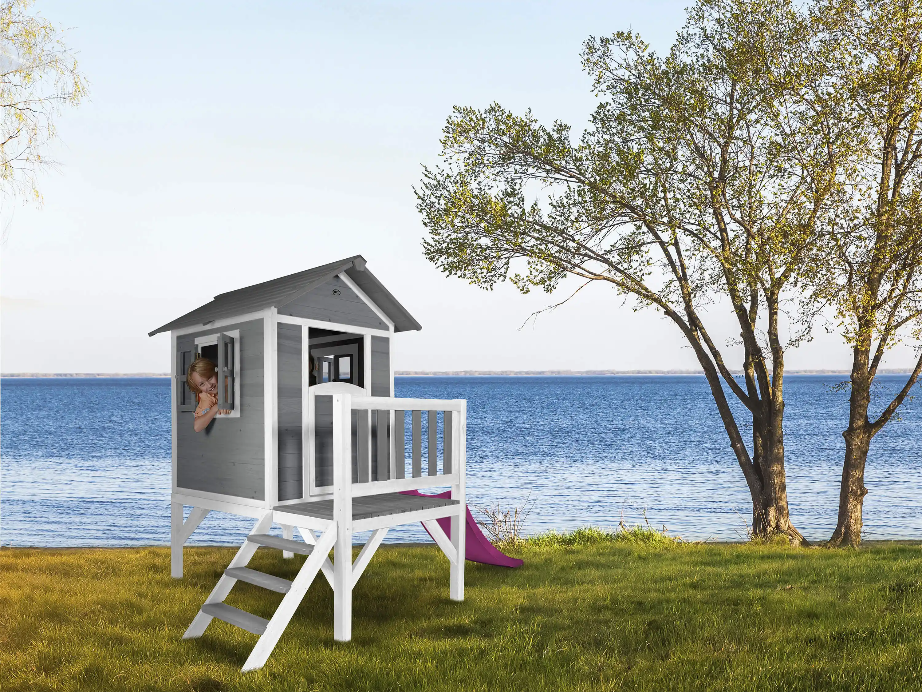 AXI Lodge XL Speelhuis Cool Grijs - Paarse Glijbaan