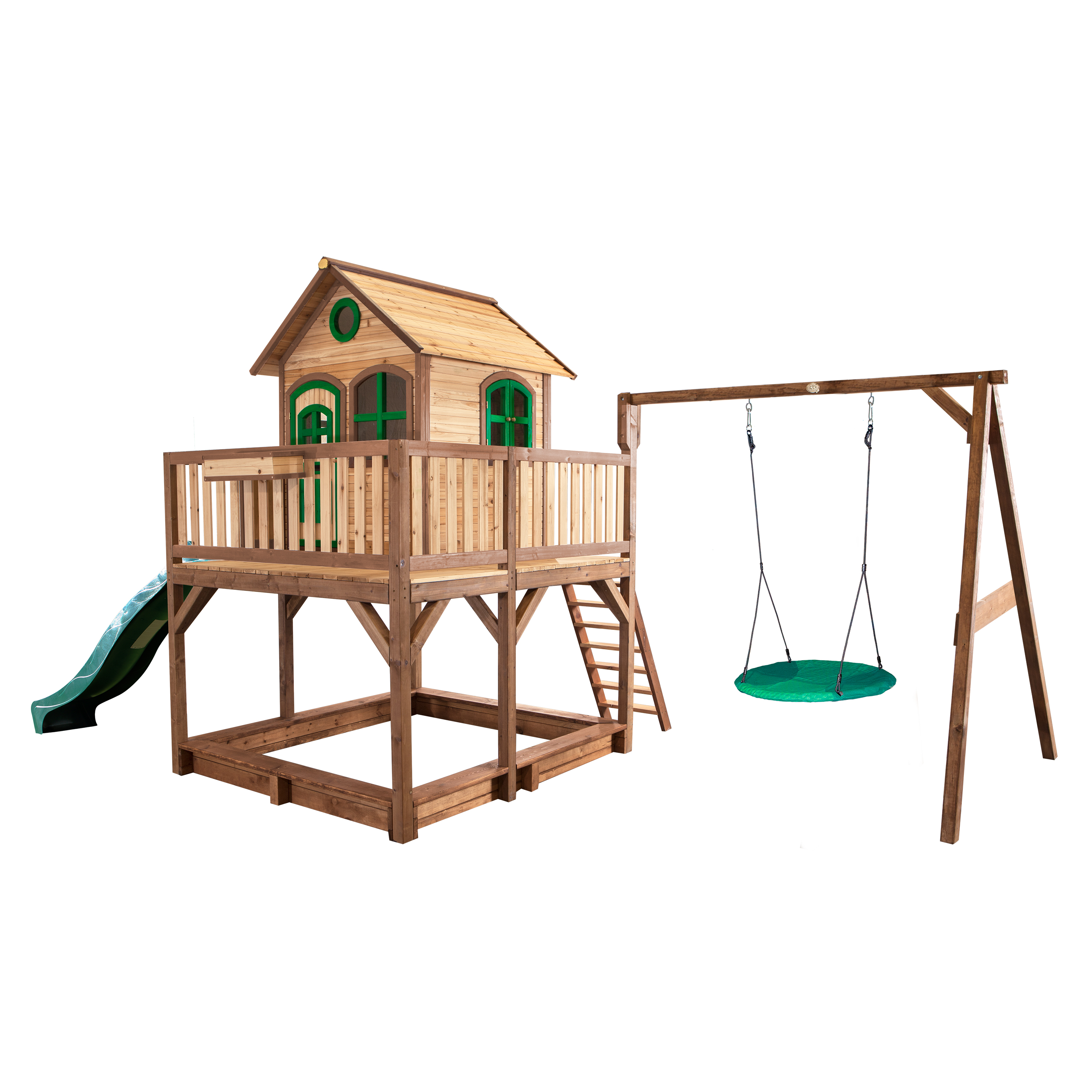 AXI Liam Playhouse with Summer Nest Swing Set Brown/Green - Green Slide-8717973932819 AXI Liam Playhouse with Summer Nest Swing Set Brown/Green - Green Slide