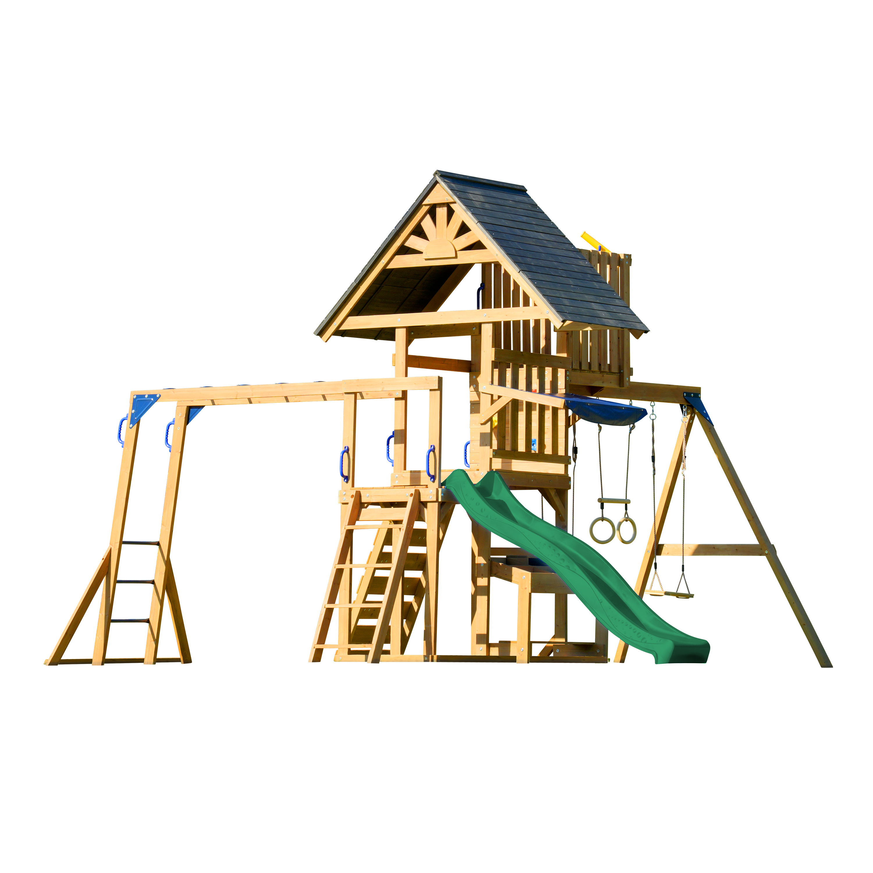 AXI Mitch Climbing Frame with Double Swing, Trapeze and Lookout Tower – Green Slide