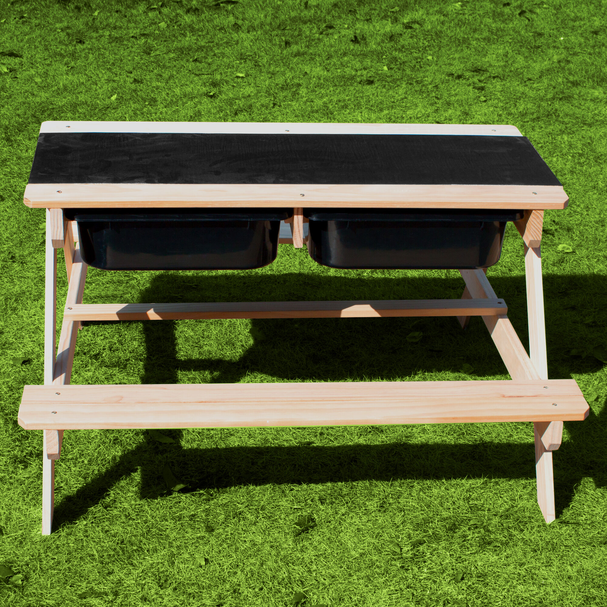 Sunny Dual Top 2.0 Sand und Wasser Picknicktisch - Mit Kreidetafel und schwarzen Behältern