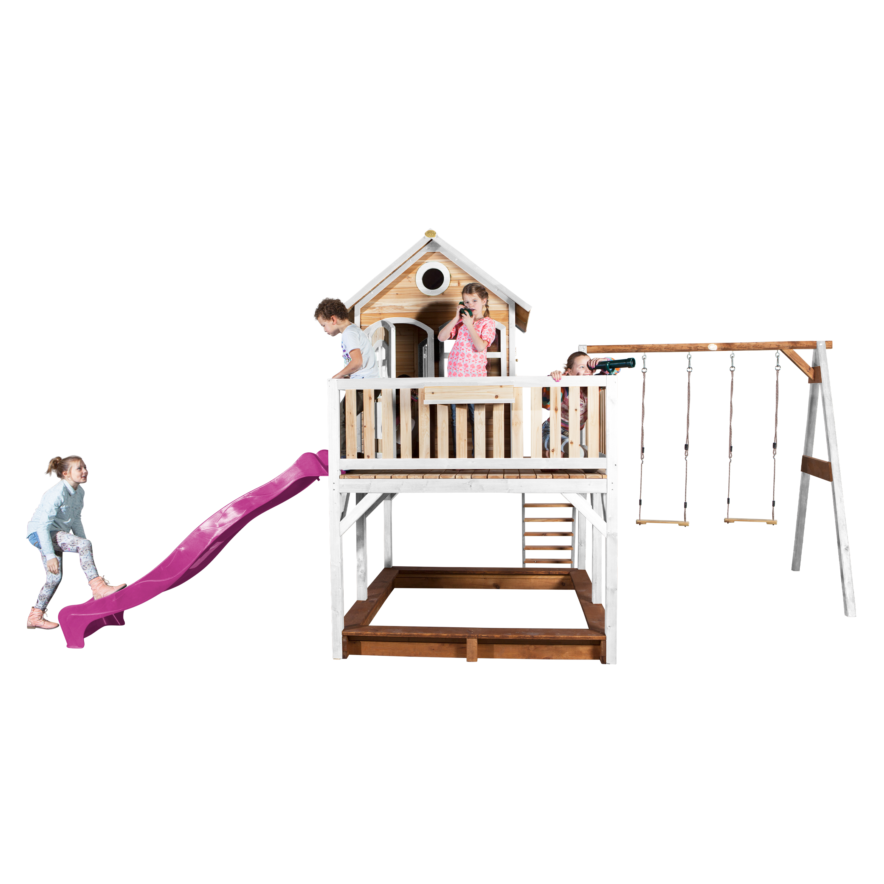 AXI Liam Playhouse with Double Swing Set Brown/White - Purple Slide