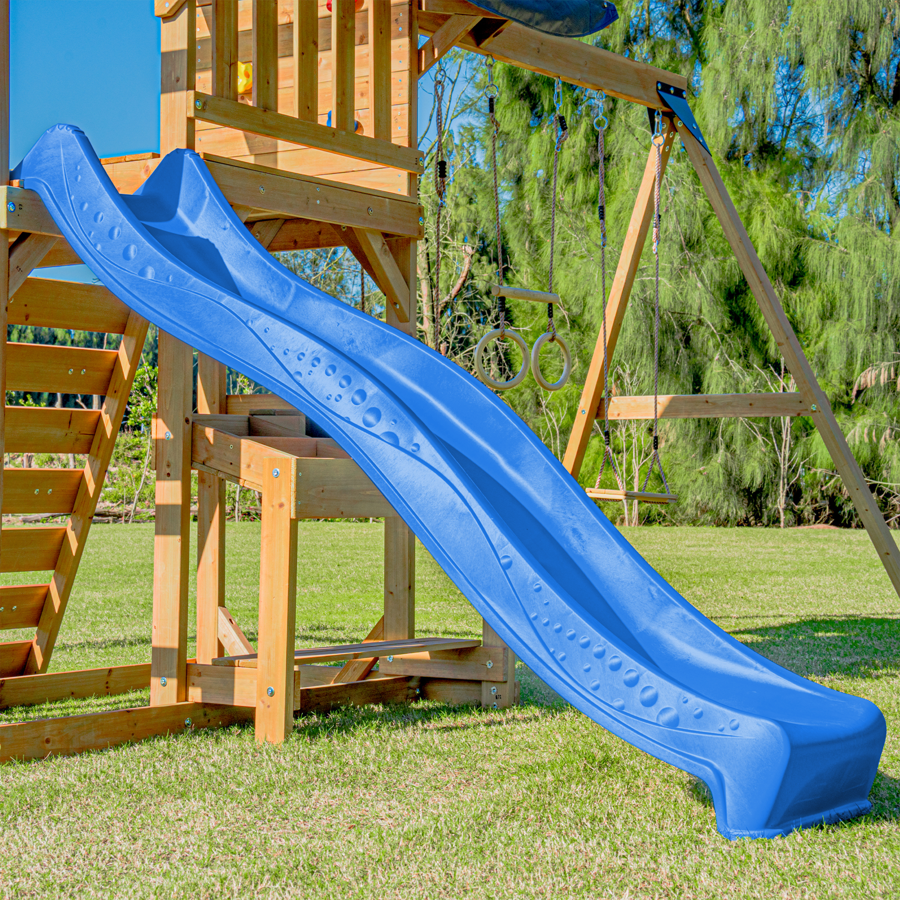 AXI Mitch Climbing Frame with Double Swing. Trapeze and Lookout Tower – Blue Slide