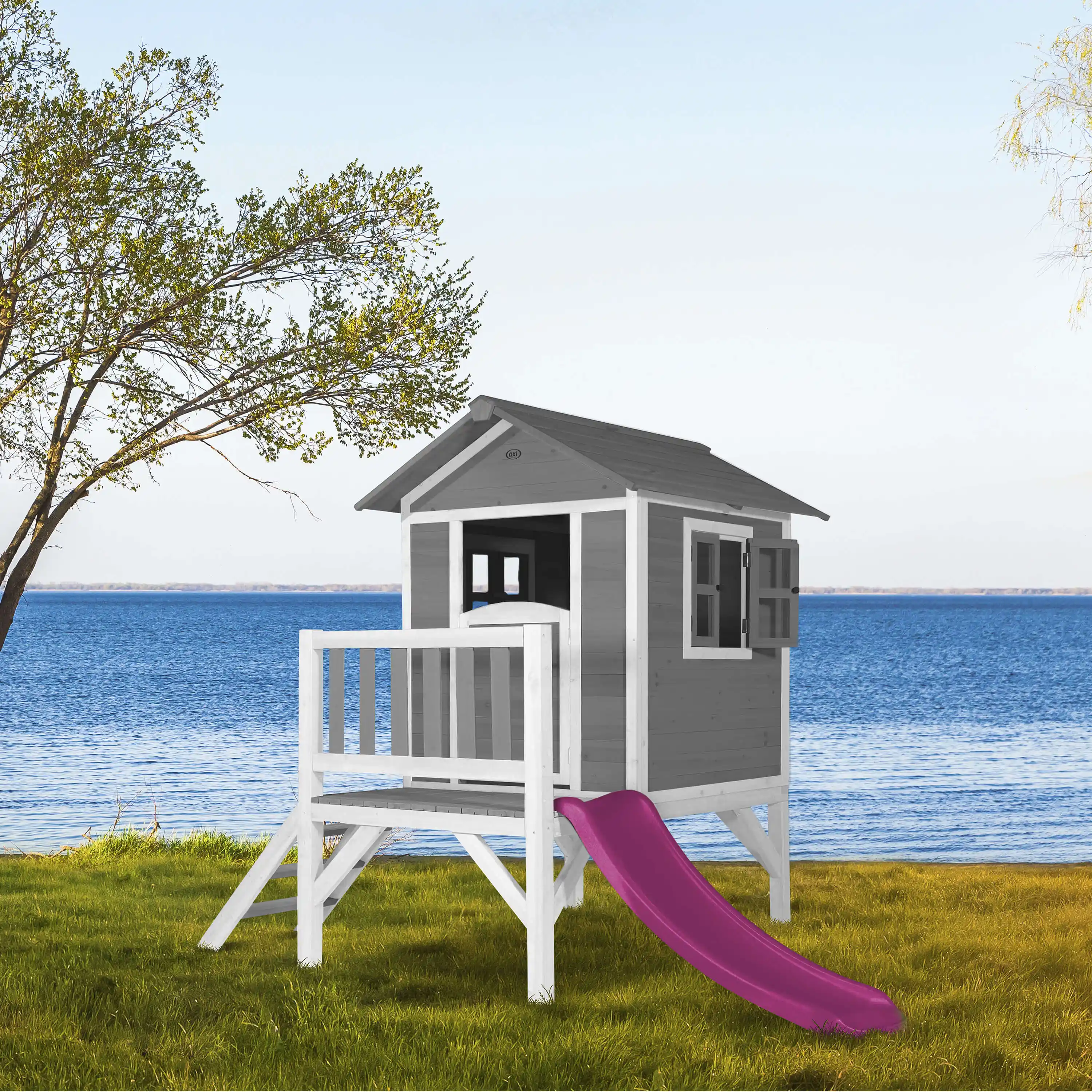 AXI Lodge XL Speelhuis Cool Grijs - Paarse Glijbaan