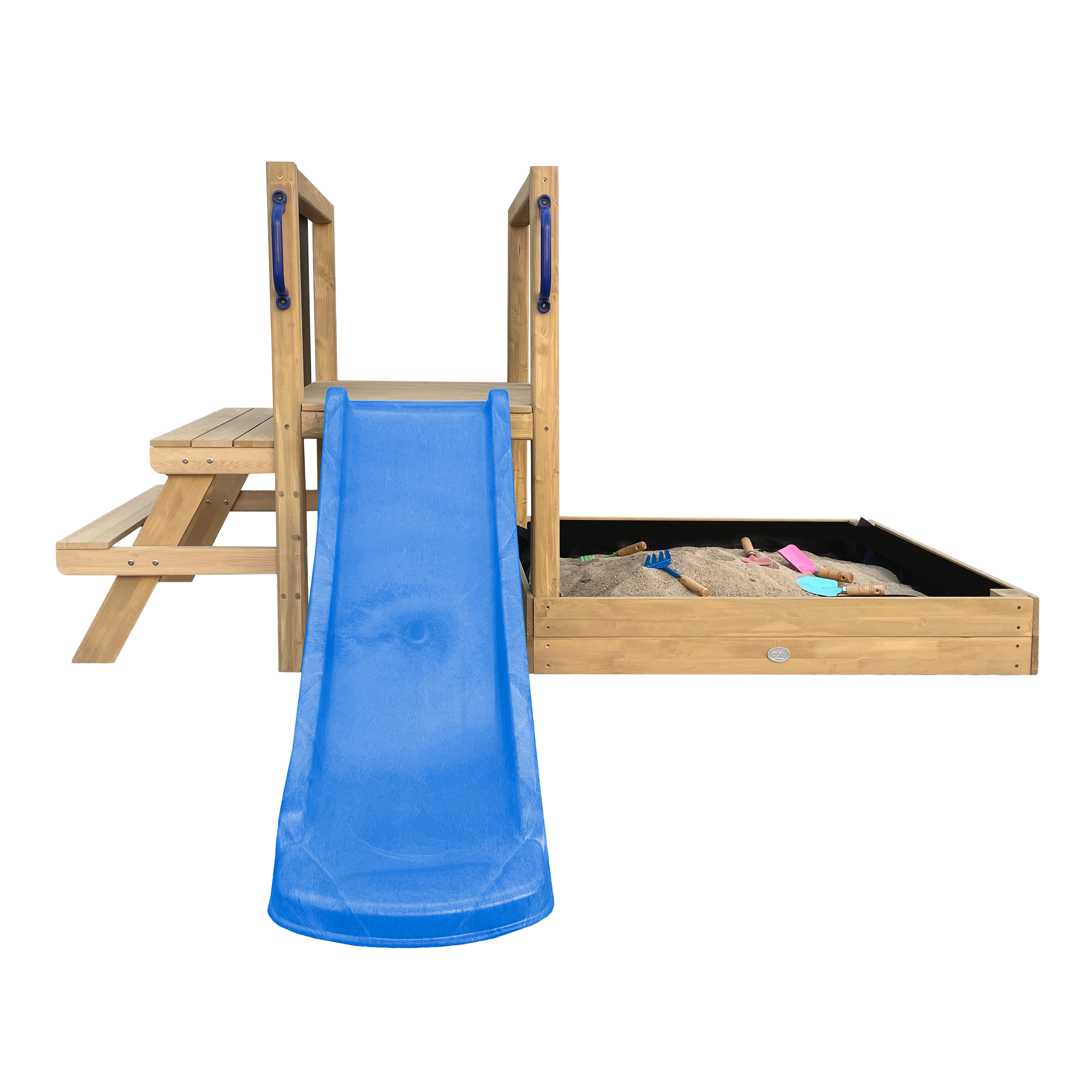 AXI Leah Mini Wooden Playtower with Sandbox. Picnic Table & Chalkboard – Blue Slide 