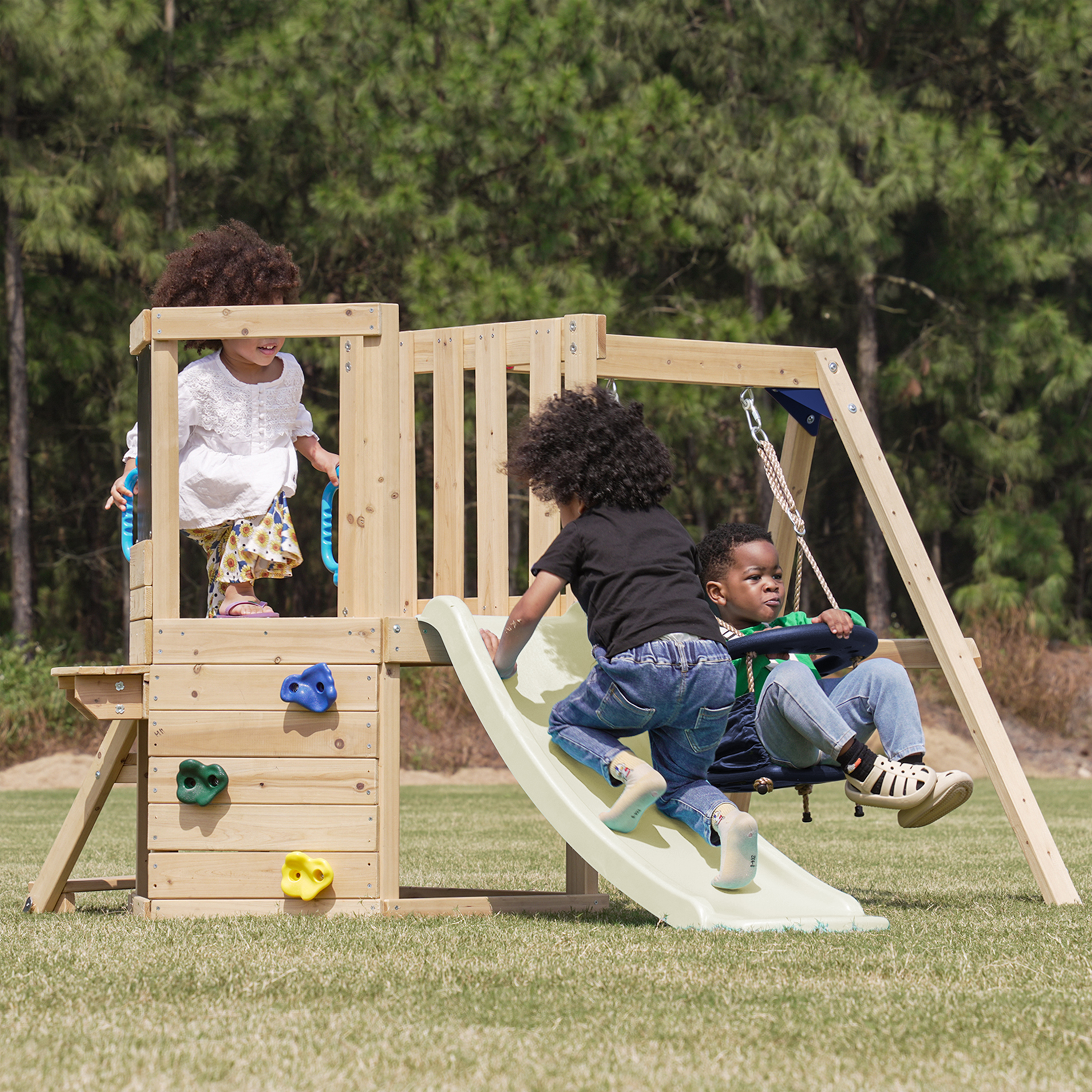 AXI Timo Mini Climbing Frame with Baby Swing, Climbing Wall and Chalkboard – Cream Slide