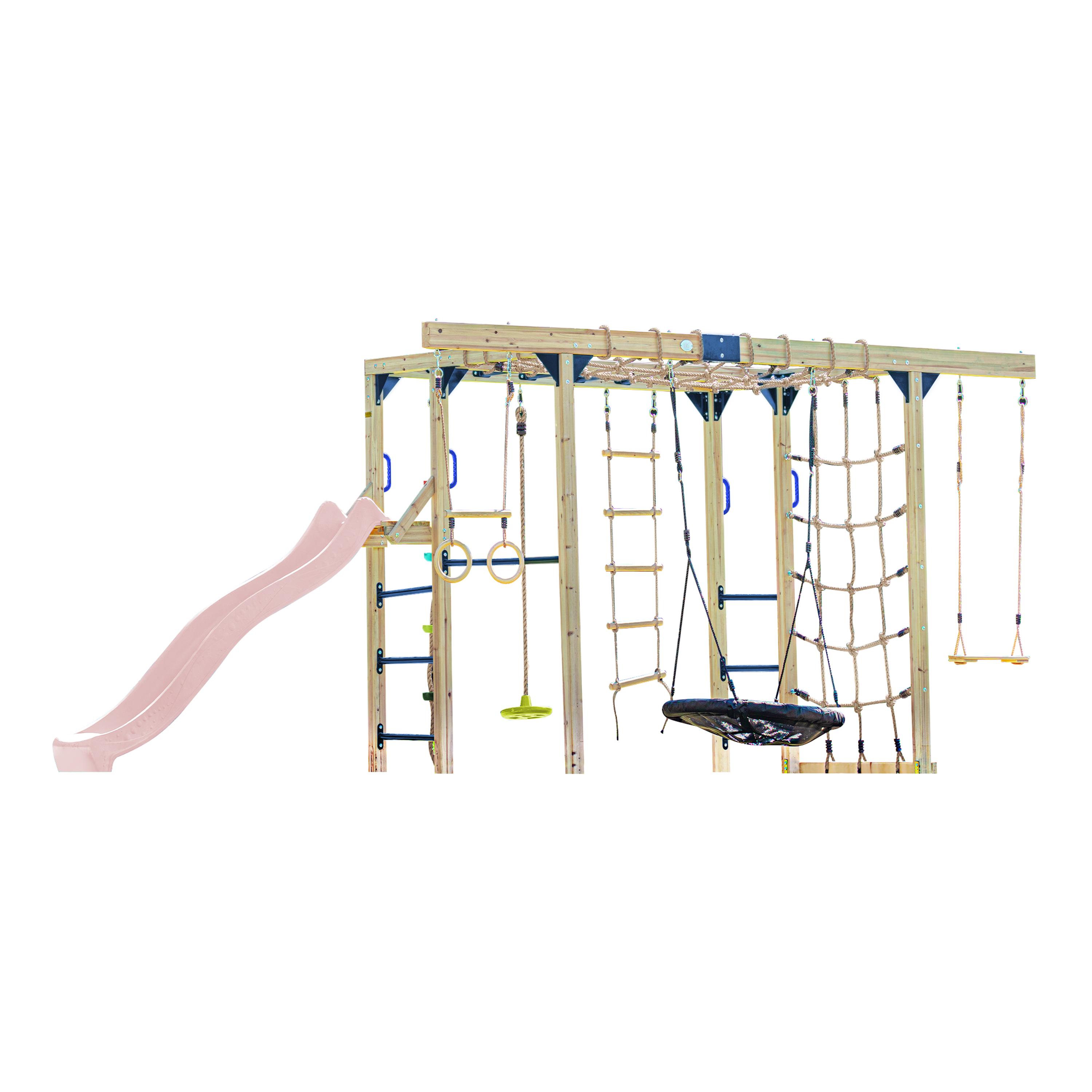 AXI Boris Wooden Playcentre with Swings, Trapeze, Climbing Nets and Monkey Bars – Pastel Pink Slide