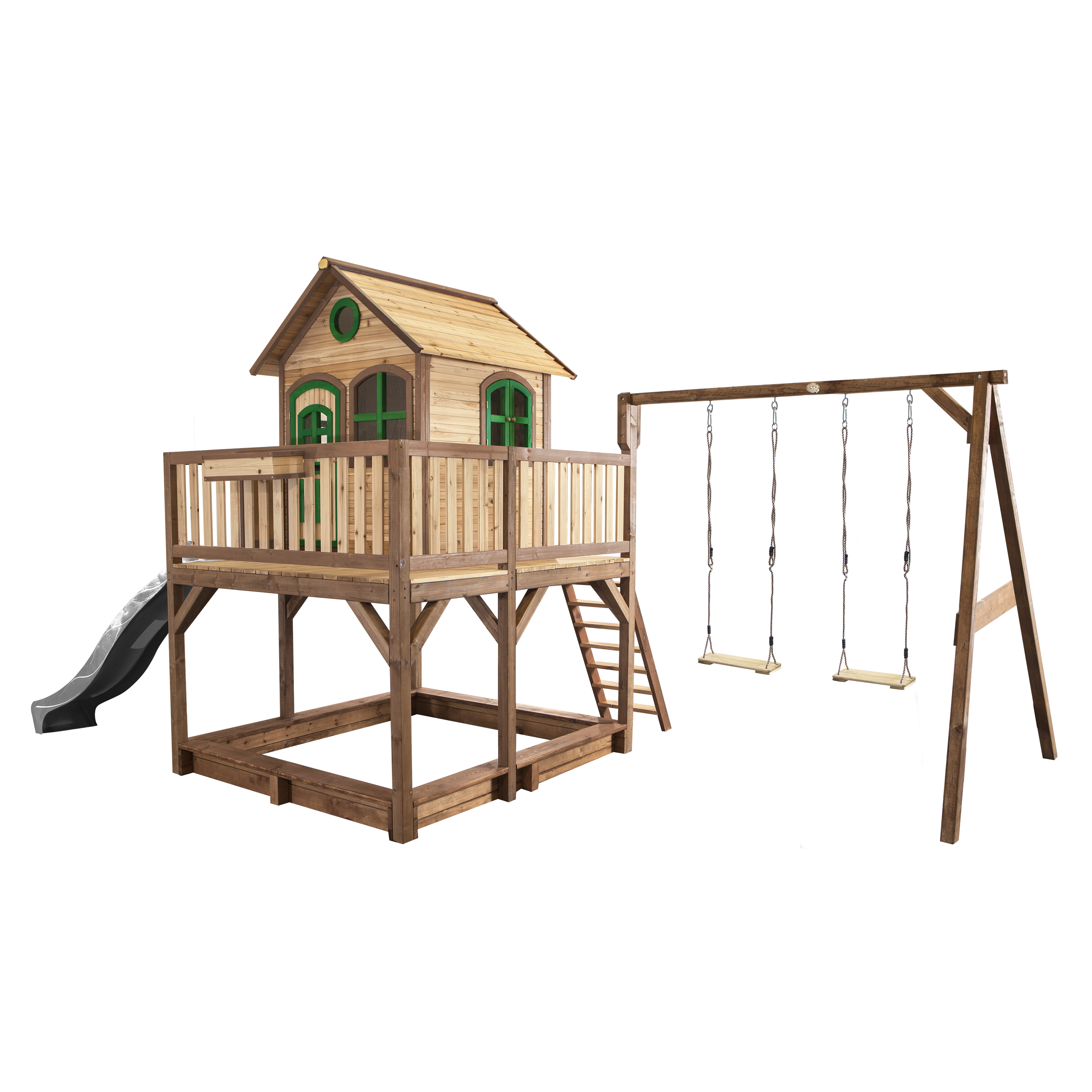 AXI Liam Playhouse with Double Swing Set Brown/Green - Grey Slide-8717973937678 AXI Liam Playhouse with Double Swing Set Brown/Green - Grey Slide