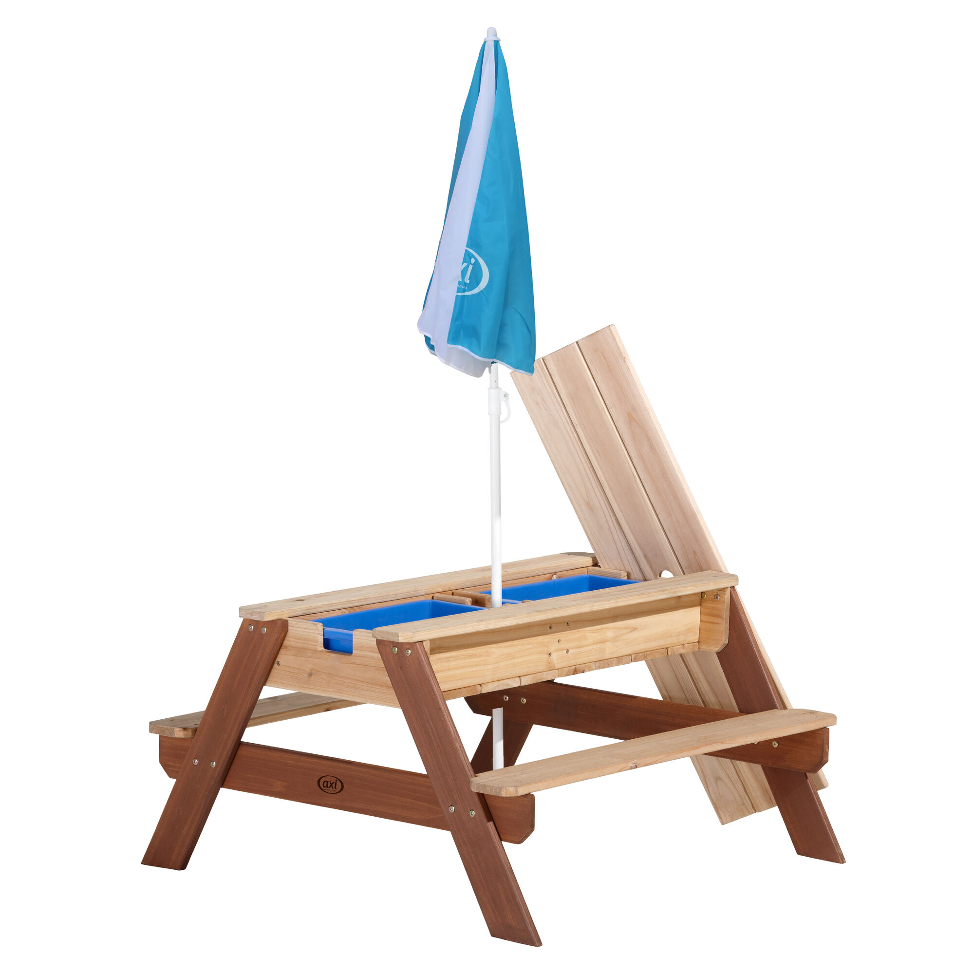 productfoto AXI Nick Zand & Water Picknicktafel Bruin - Parasol Blauw/wit - FSC Hout