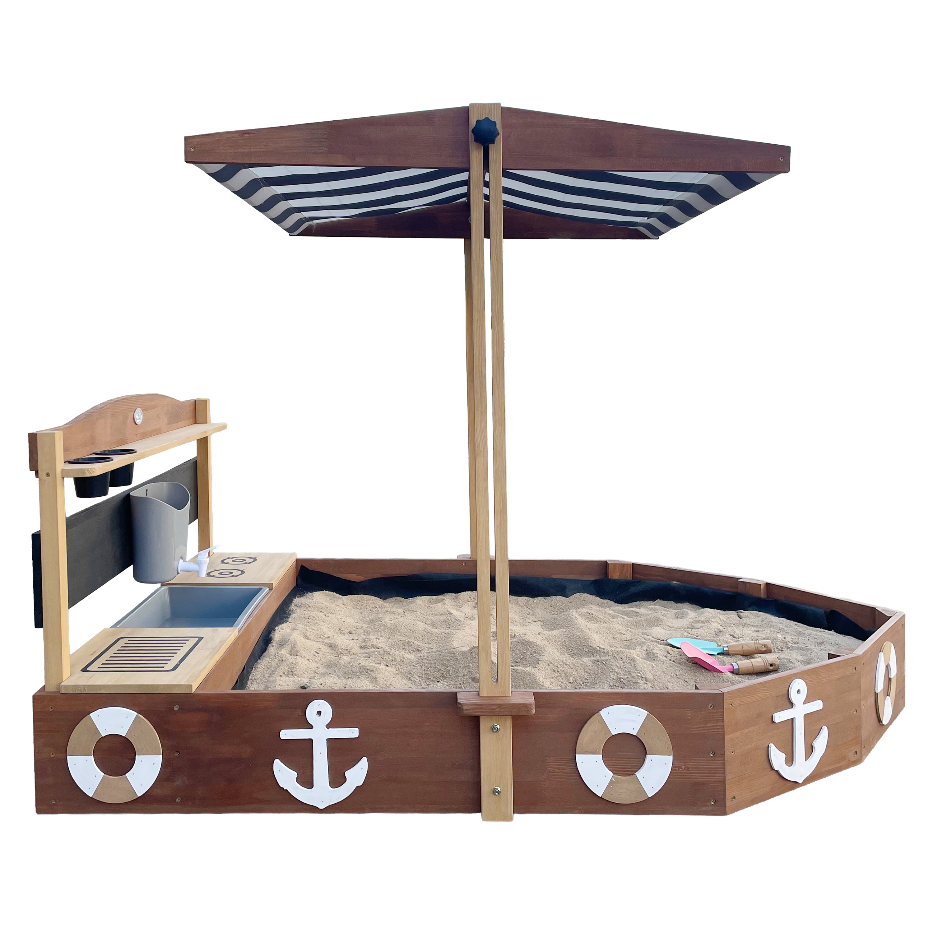 AXI Dora Boat Sandbox with Play Kitchen and Roof 160 x 100 cm Brown/Anthracite