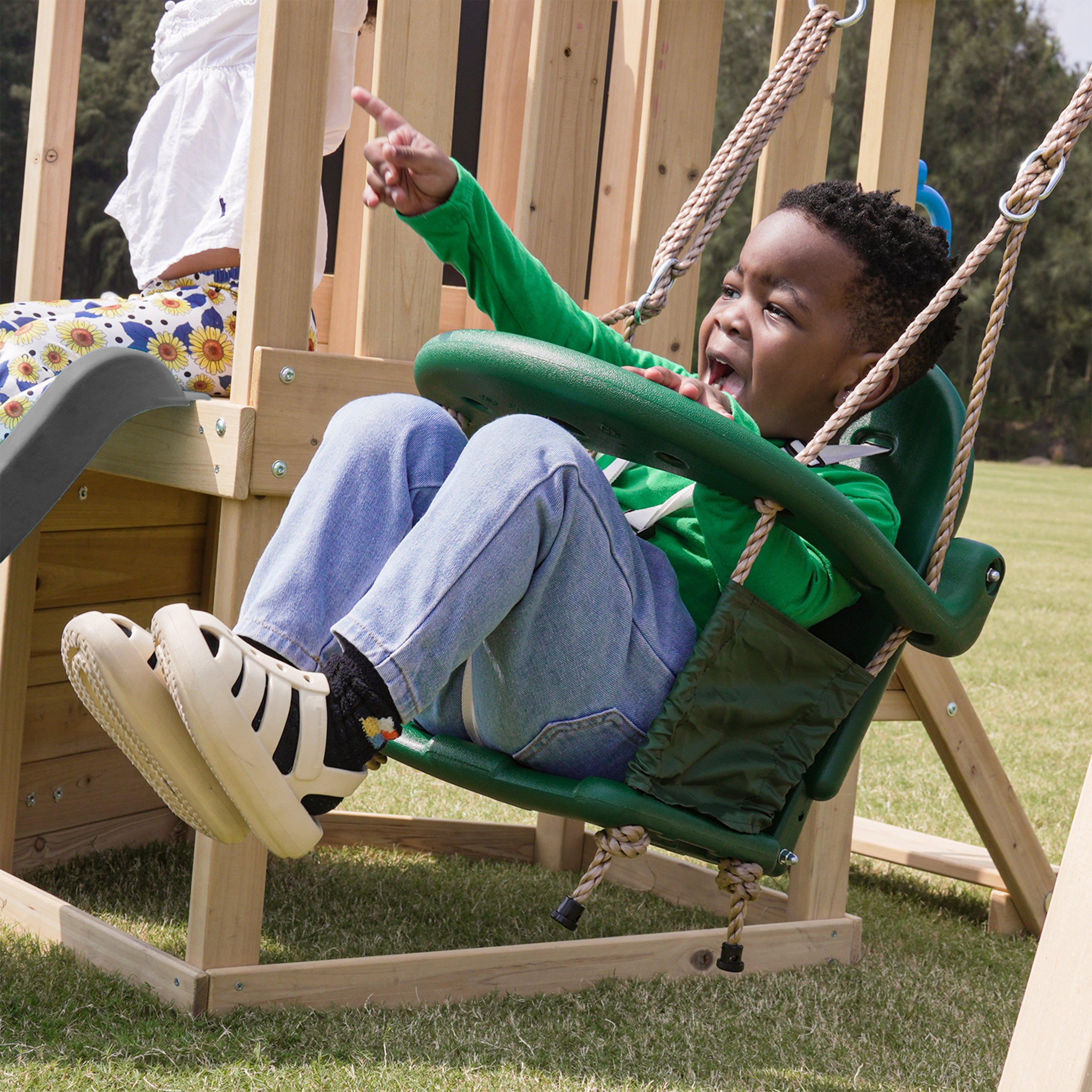 AXI Timo Mini Climbing Frame with Baby Swing. Climbing Wall and Chalkboard – Grey Slide