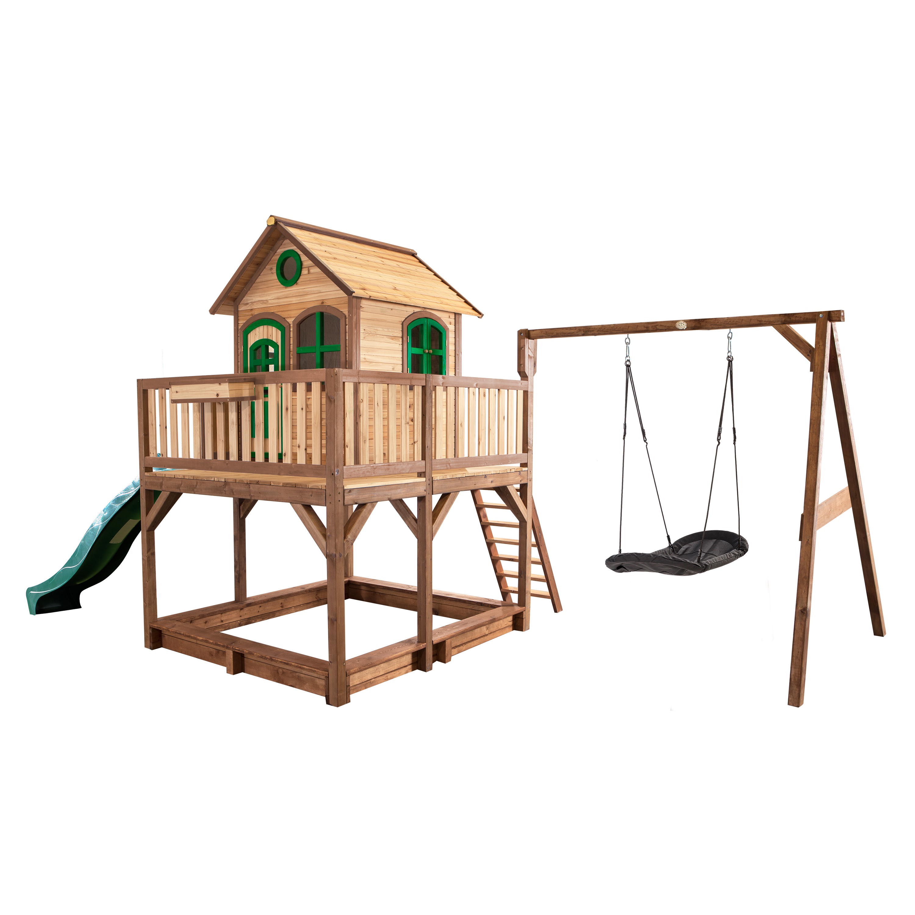 AXI Liam Playhouse with Roxy Nest Swing Set Brown/Green - Green Slide-8717973936428 AXI Liam Playhouse with Roxy Nest Swing Set Brown/Green - Green Slide