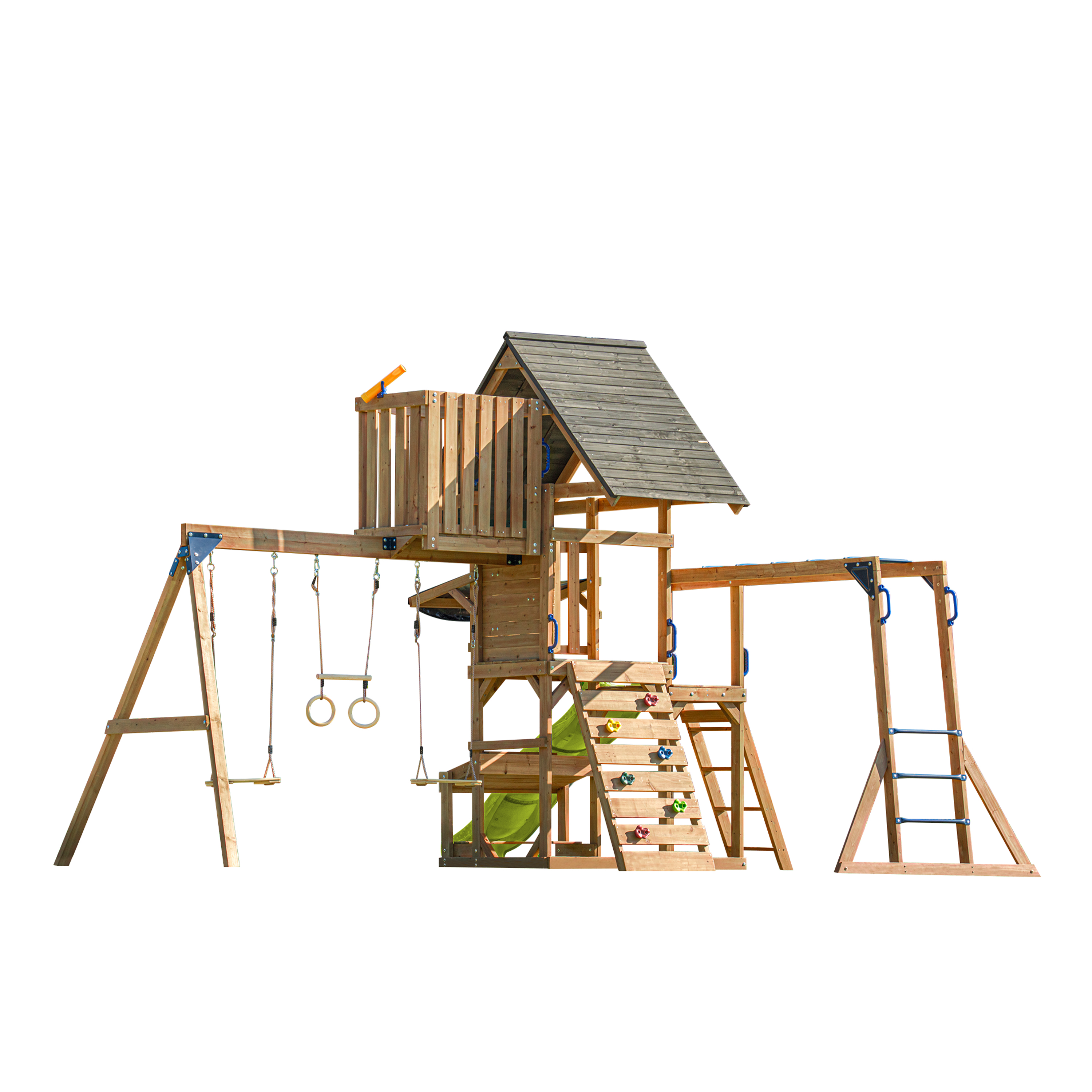 AXI Mitch Climbing Frame with Double Swing. Trapeze and Lookout Tower – Lime Green Slide
