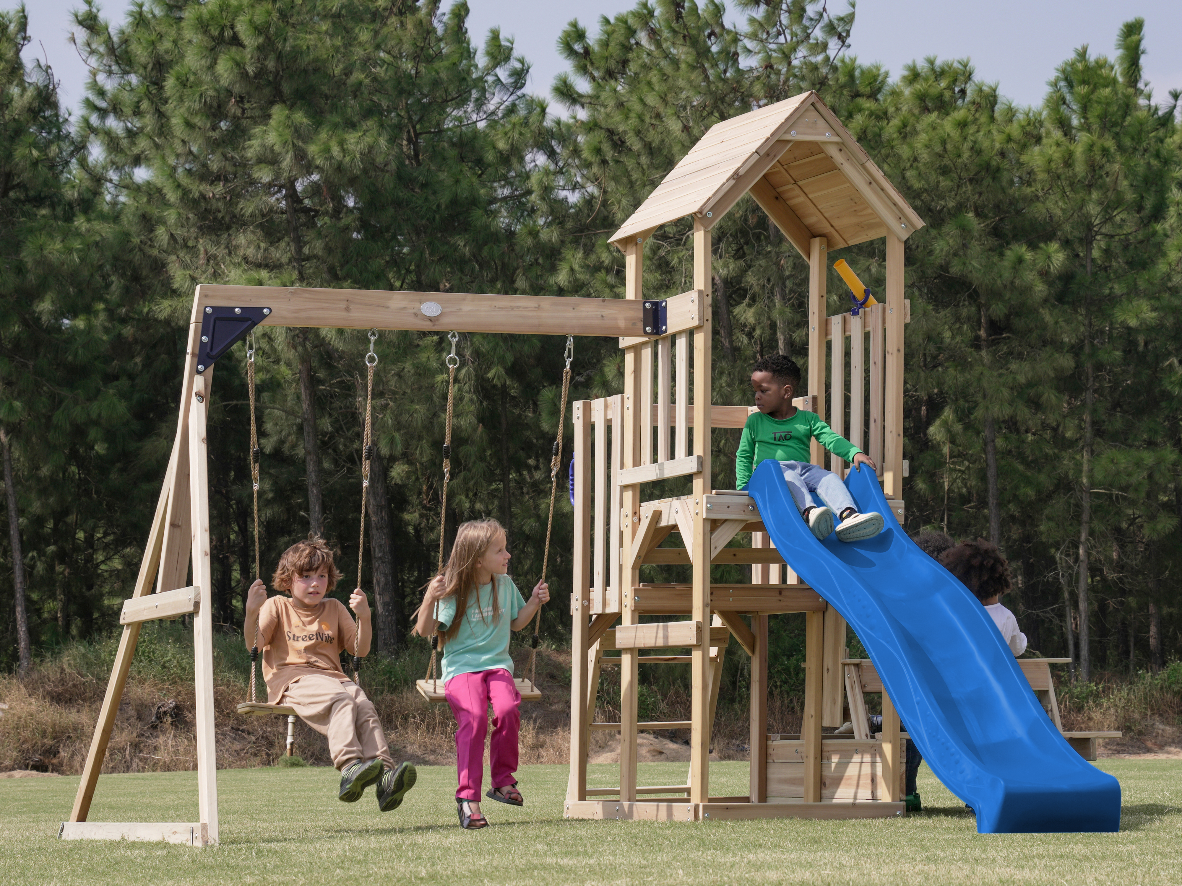 AXI Mette Climbing Frame with Double Swing Set and Picnic Table - Blue Slide