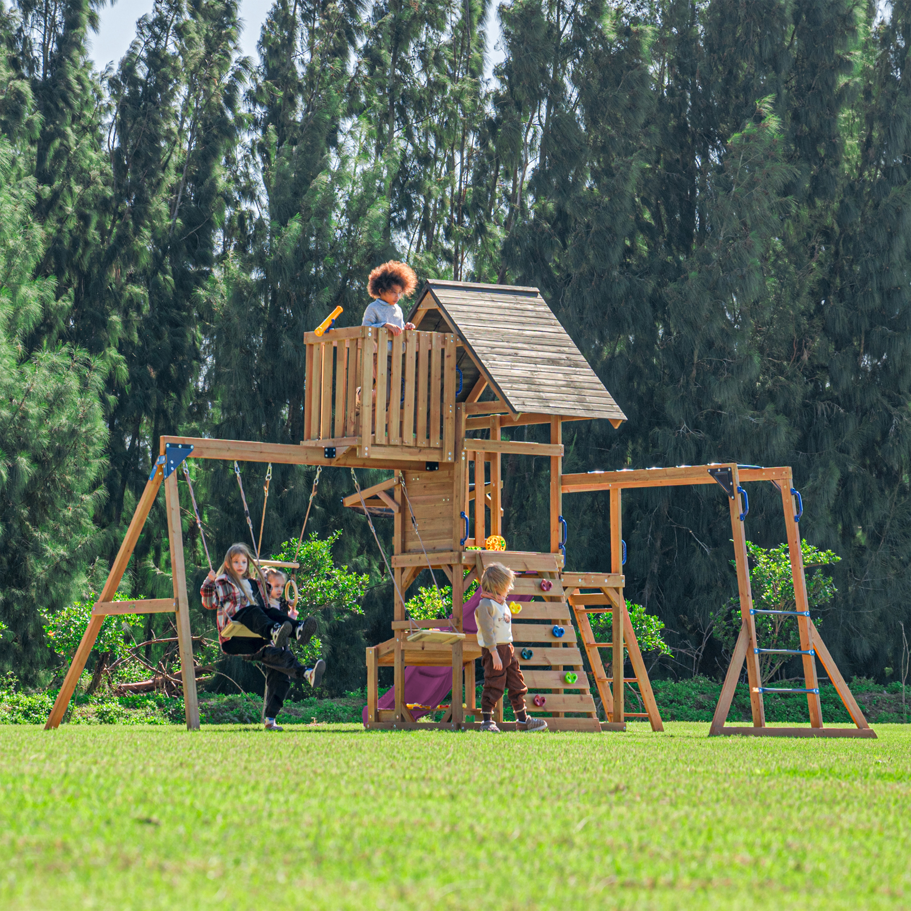 AXI Mitch Climbing Frame with Double Swing. Trapeze and Lookout Tower – Purple Slide