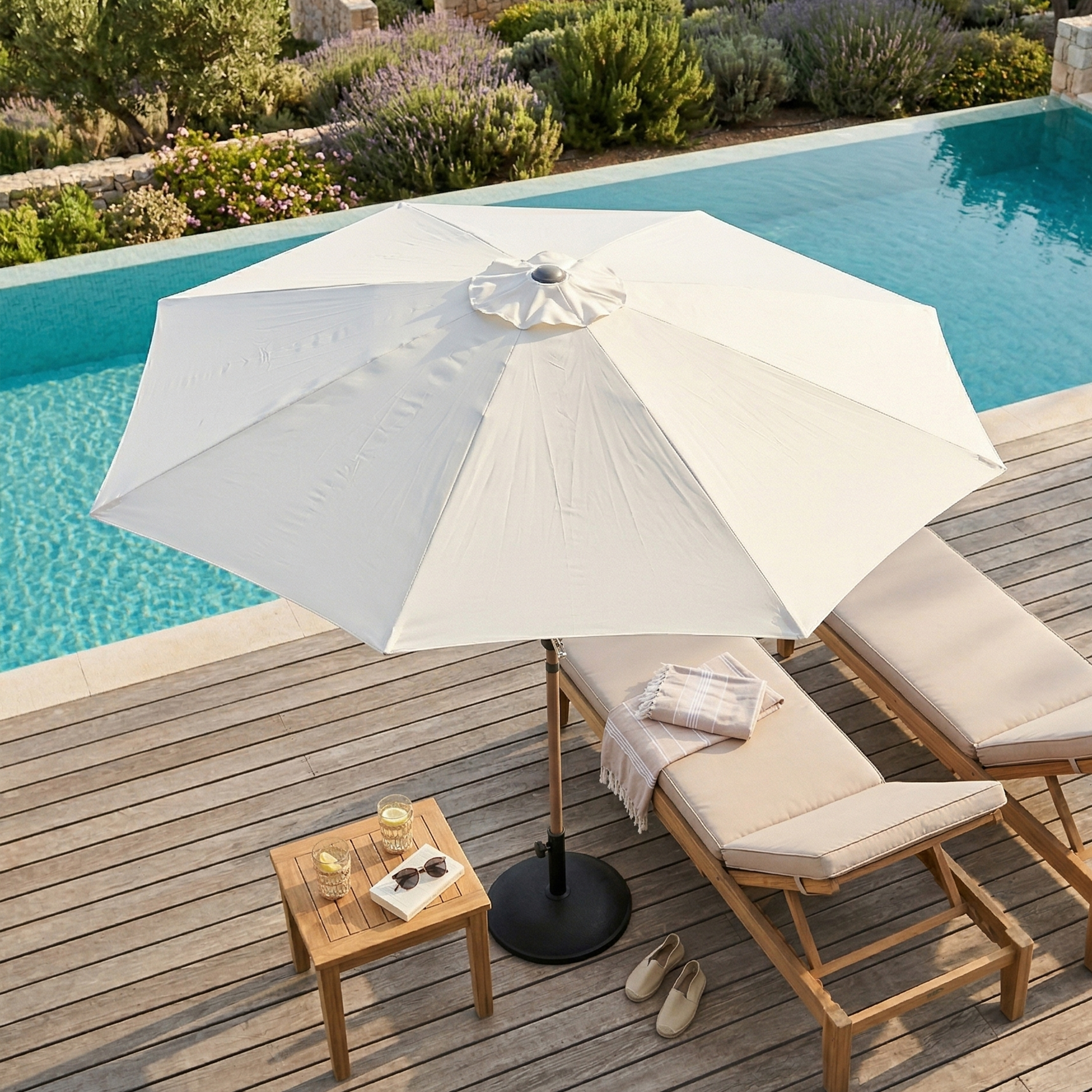 AXI Noor Centre Pole Parasol Ø 300cm incl. parasol base Oak-look/Beige