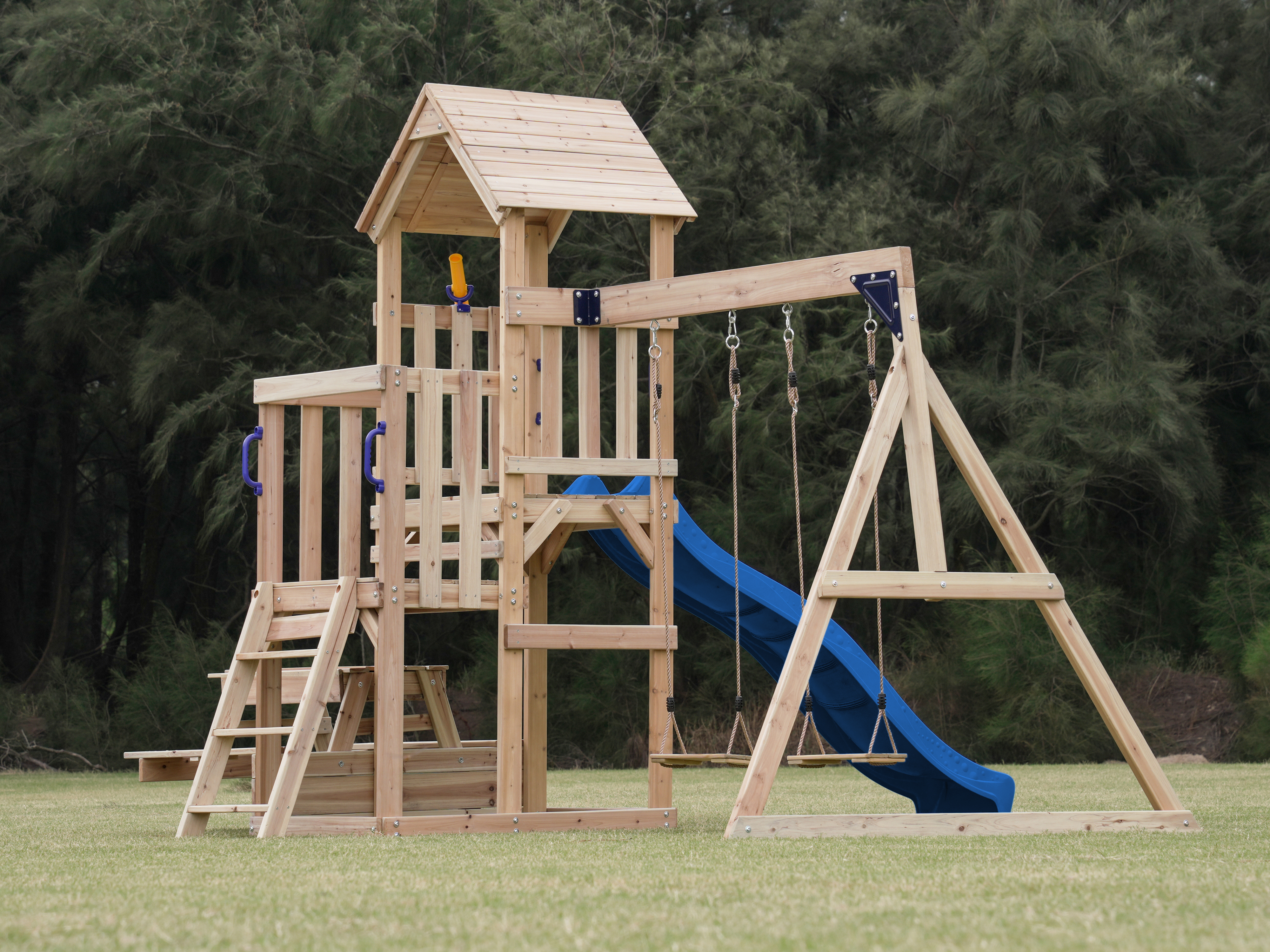 AXI Mette Playground with Double Swing Brown - Blue Slide 