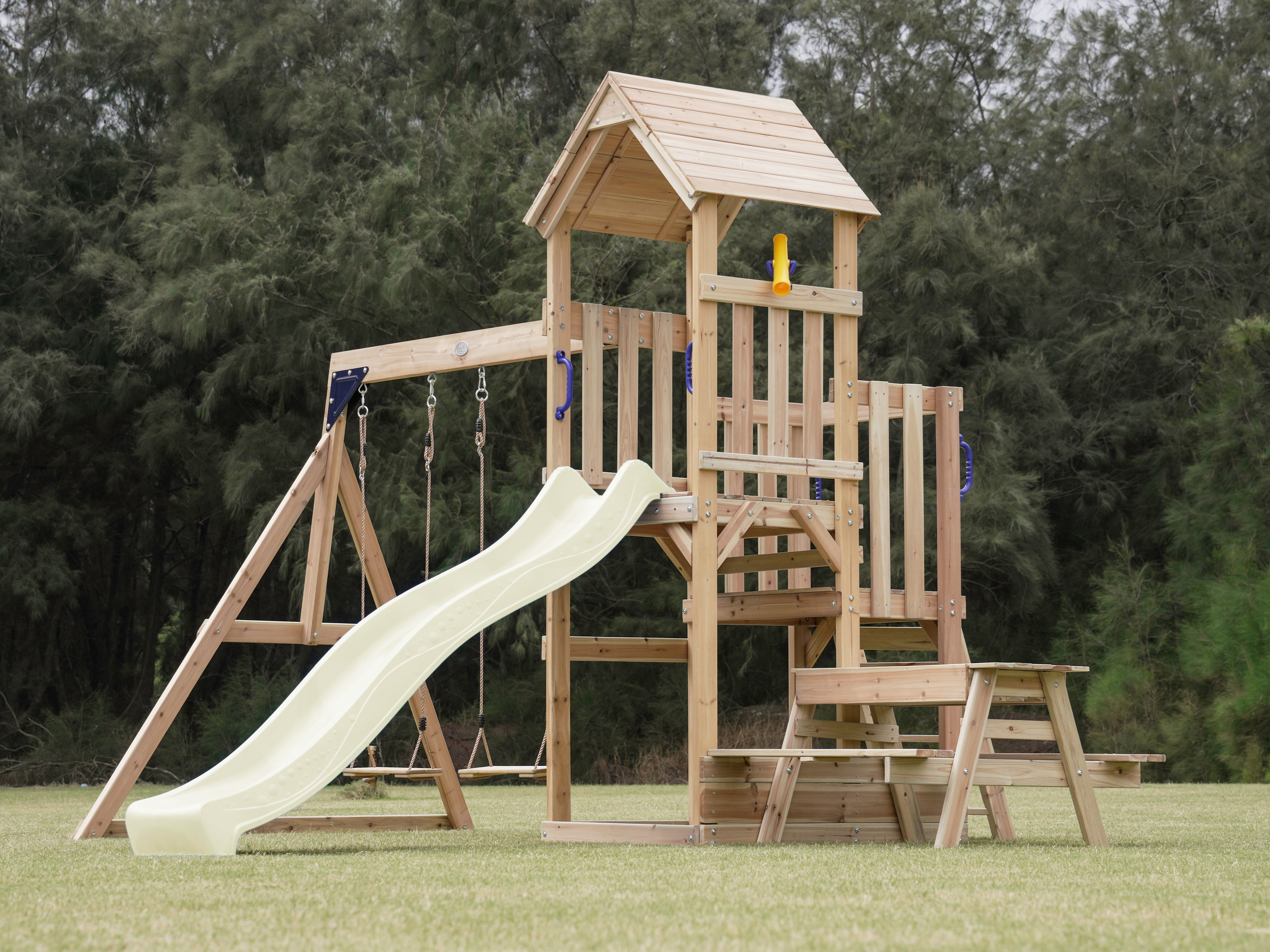 AXI Mette Climbing Frame with Double Swing Set and Picnic Table - Cream Slide