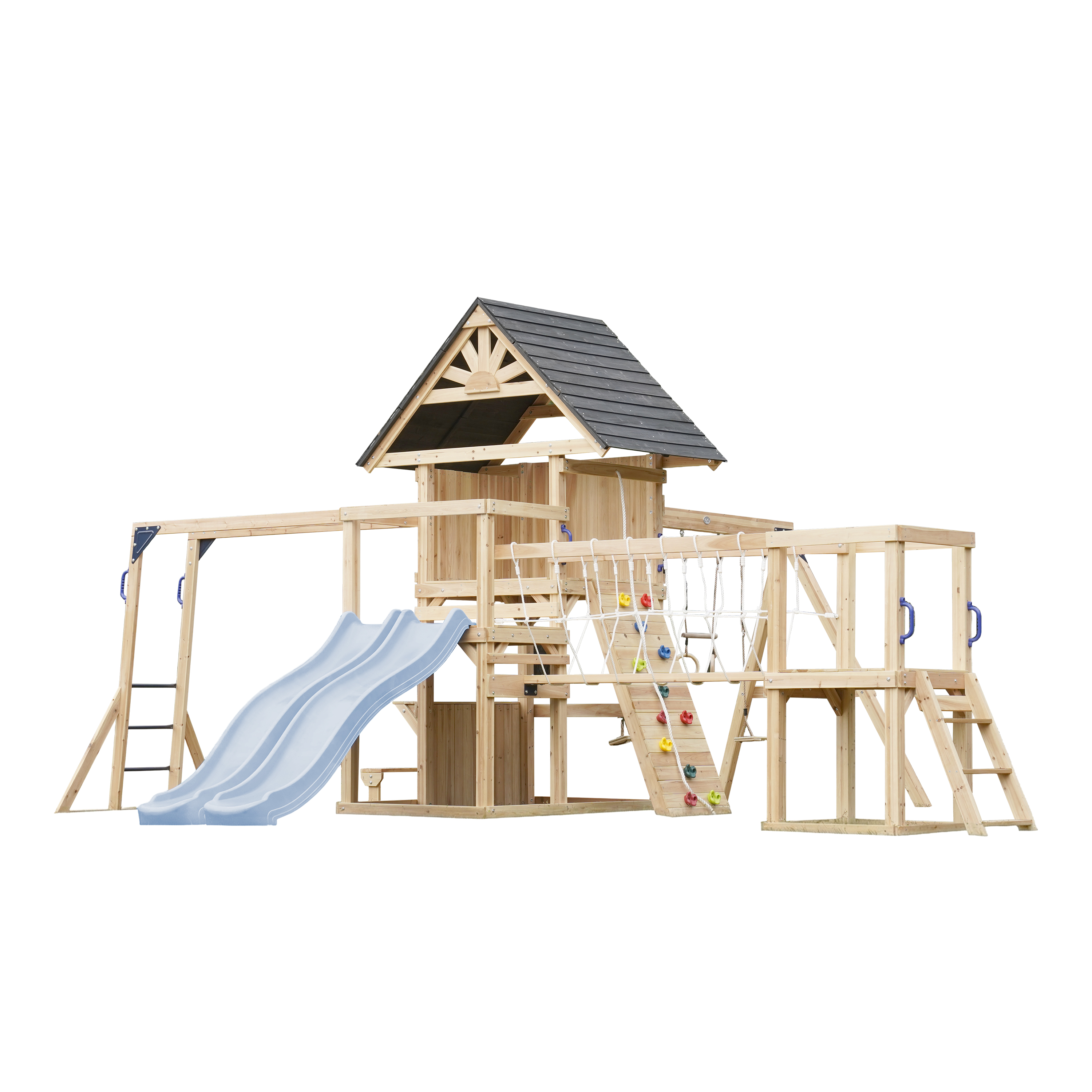 AXI Hunter Climbing Frame with Swings, Climbing Frame, Climbing Bridge and Multiple Platforms – Pastel Blue Double Slide