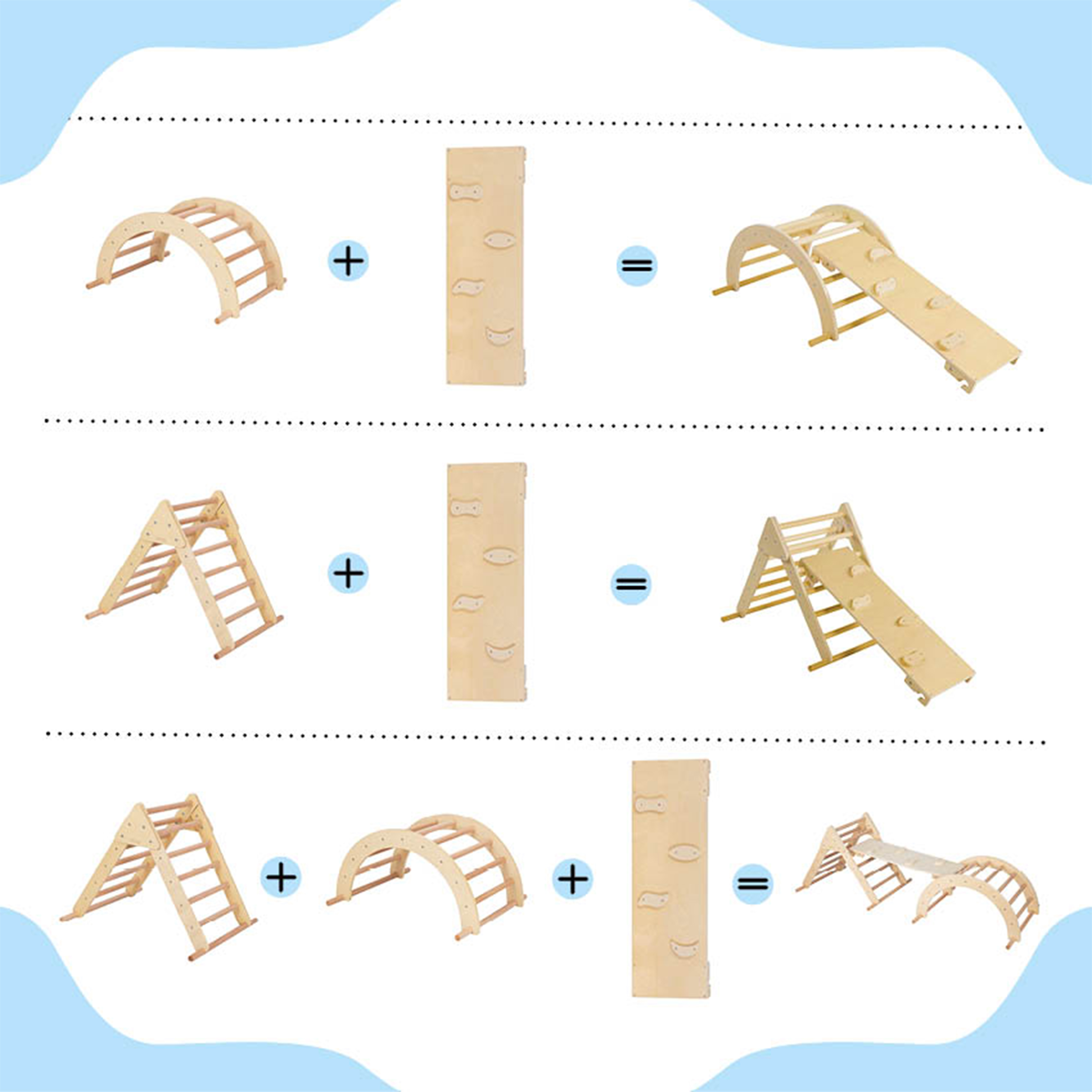 Sunny Charlie 3-in-1-Kletterdreieck aus Holz mit Kletterwand und Wippe - Naturfarben