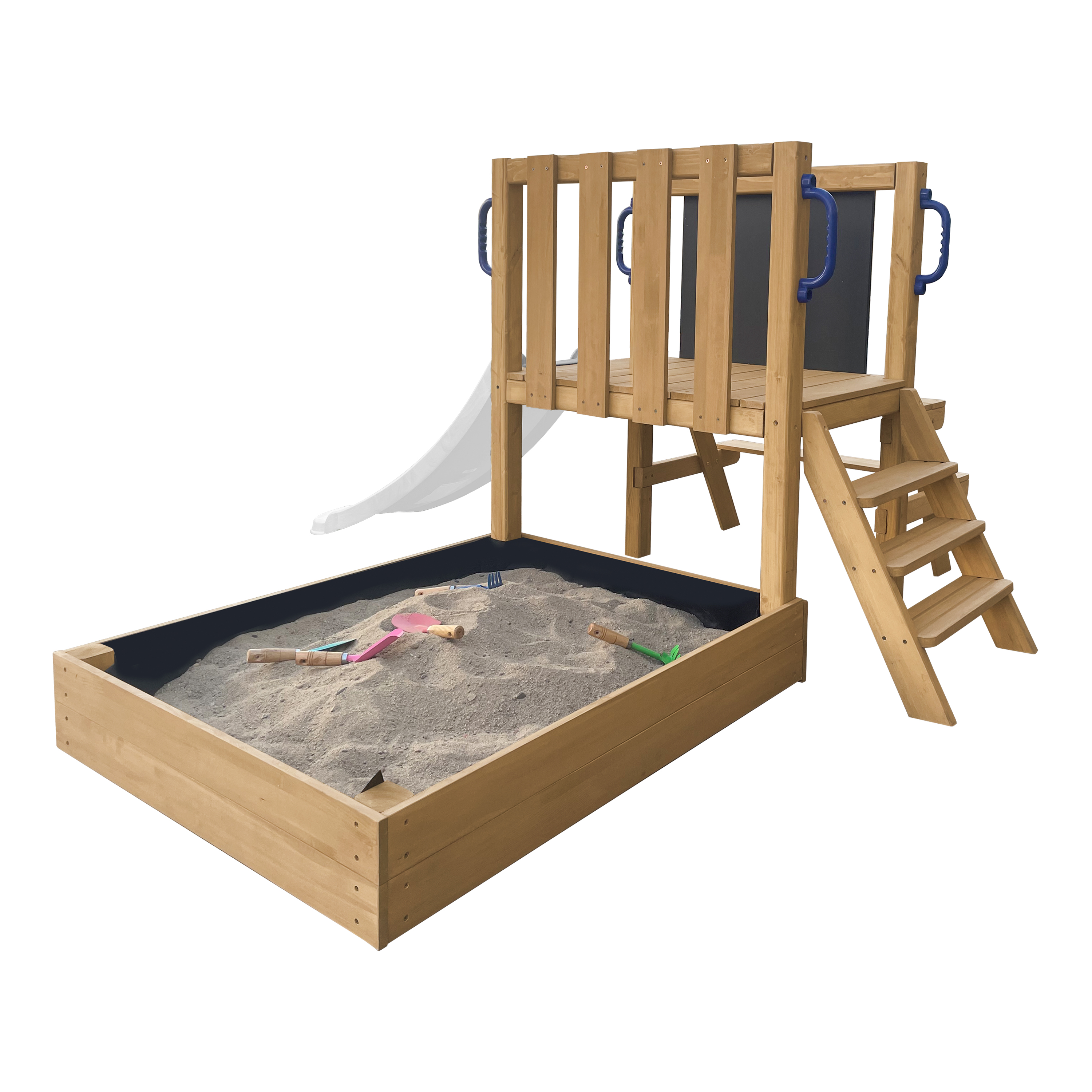 AXI Leah Mini Wooden Playtower with Sandbox, Picnic Table & Chalkboard – White Slide