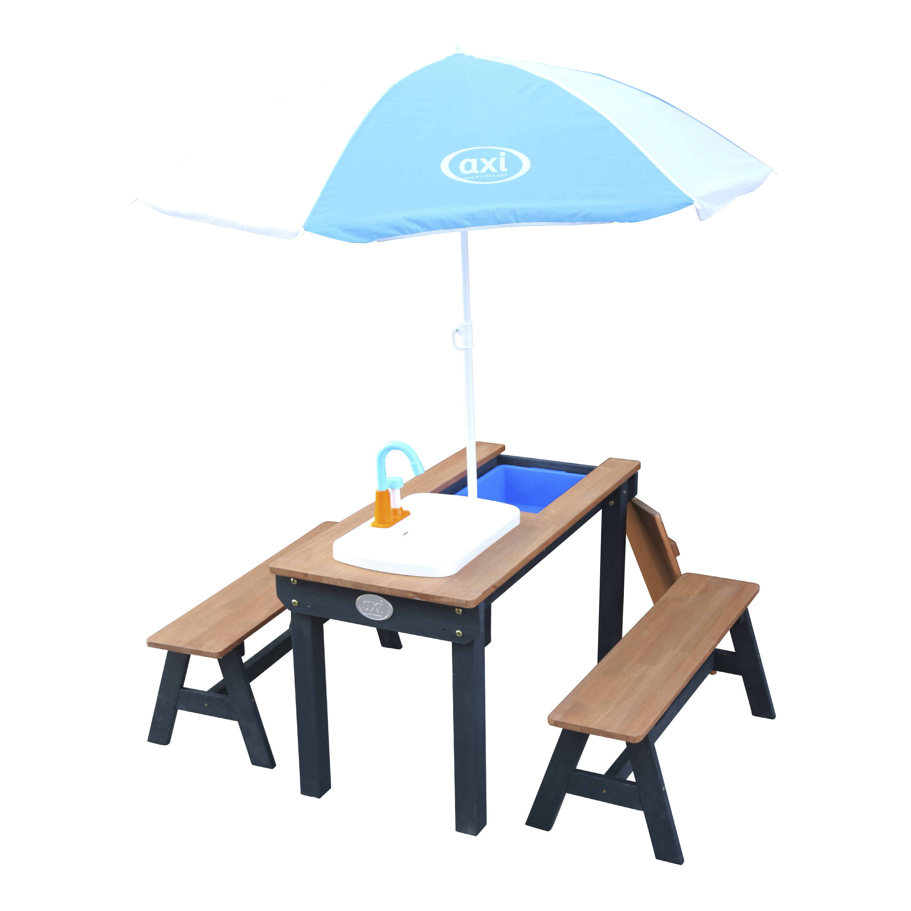 AXI Dennis Sand & Water Picnic Table with Play Kitchen Sink and Benches Anthracite/Brown - Umbrella Blue/White