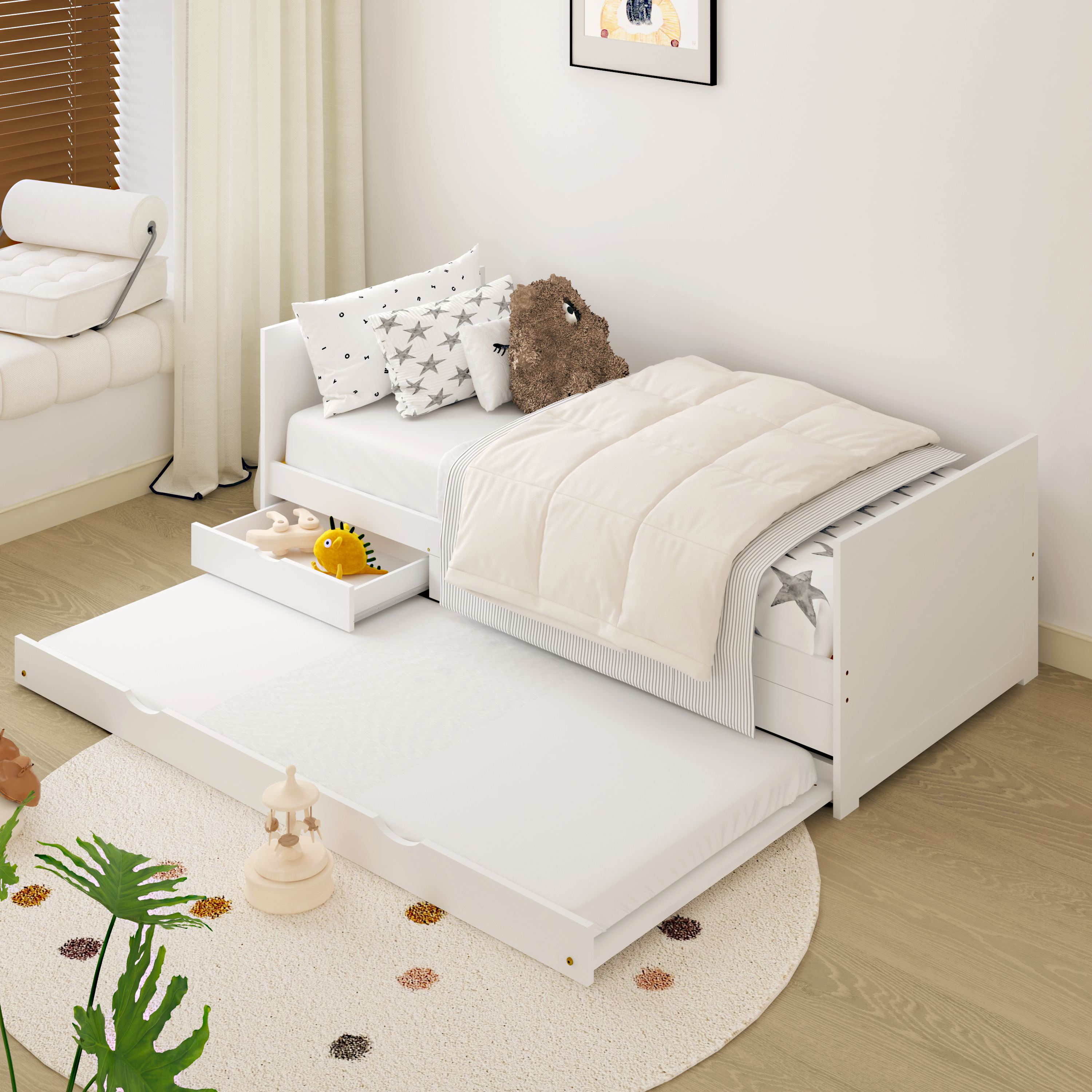 Sunny Eli Kids Bed with Pull-Out Bed and 3 Storage Drawers White – With Mattress