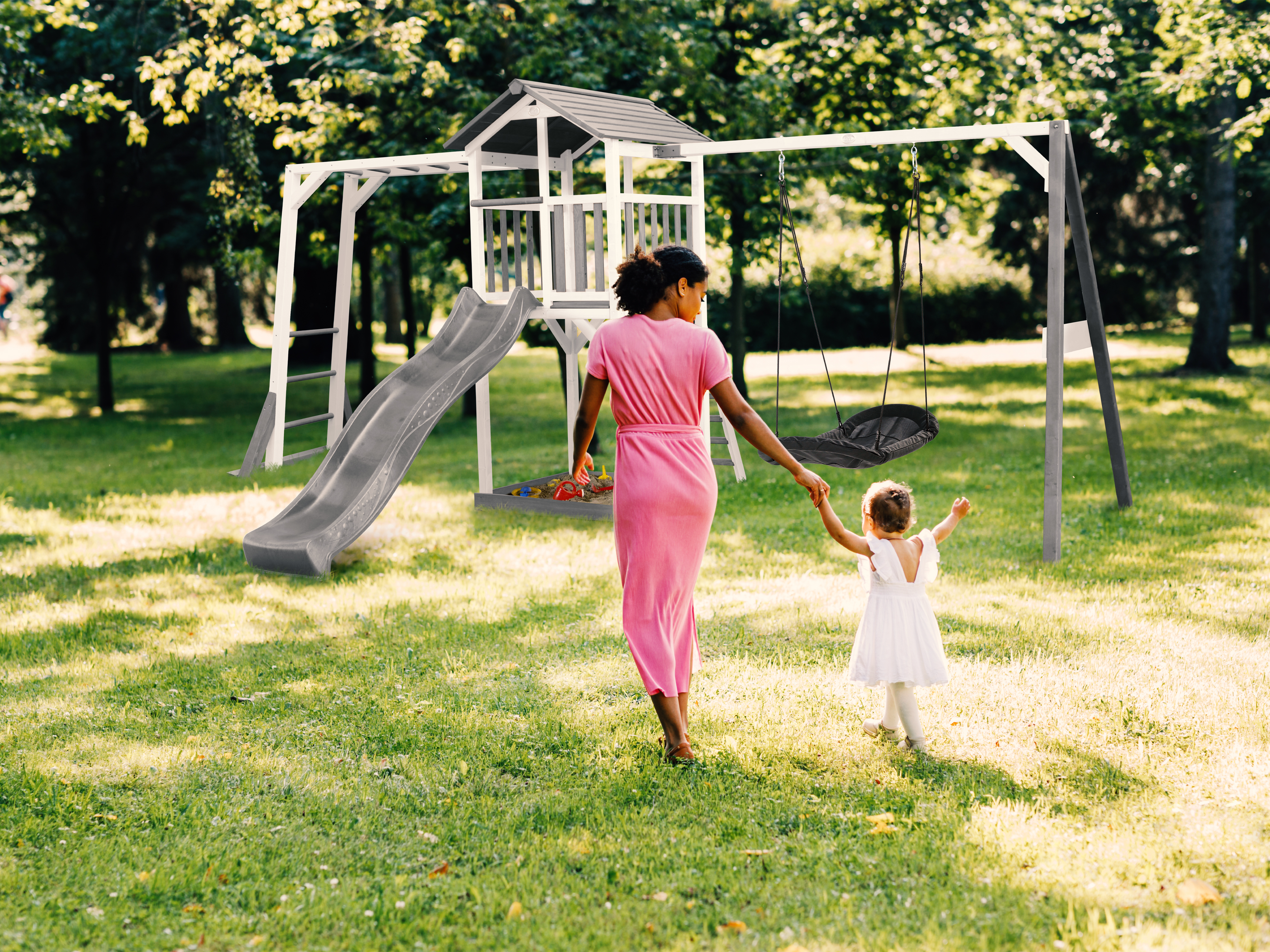AXI Beach Tower with Climbing Frame and Roxy Nest Swing Set Grey/White - Grey Slide