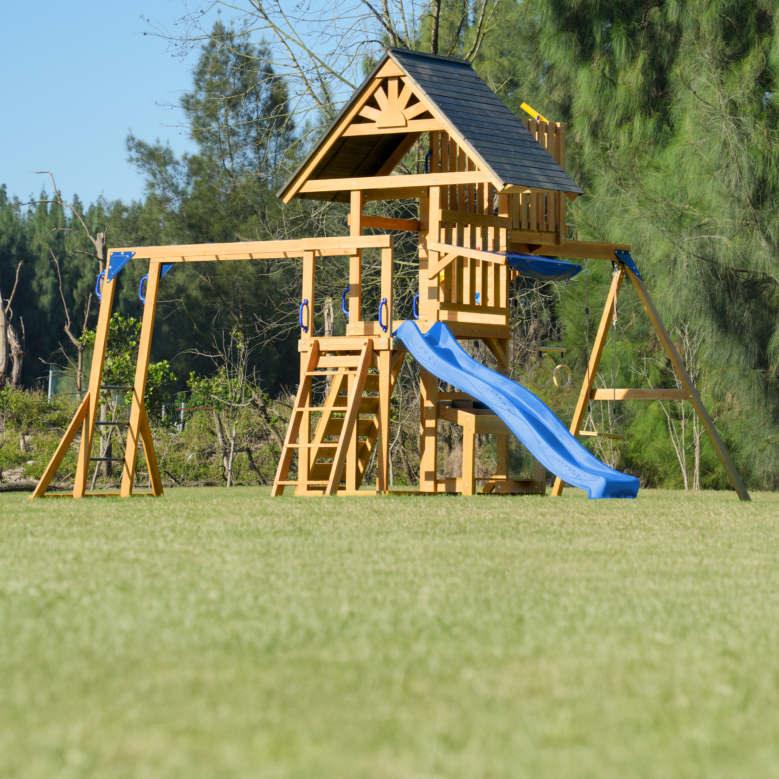 AXI Mitch Climbing Frame with Double Swing. Trapeze and Lookout Tower – Blue Slide