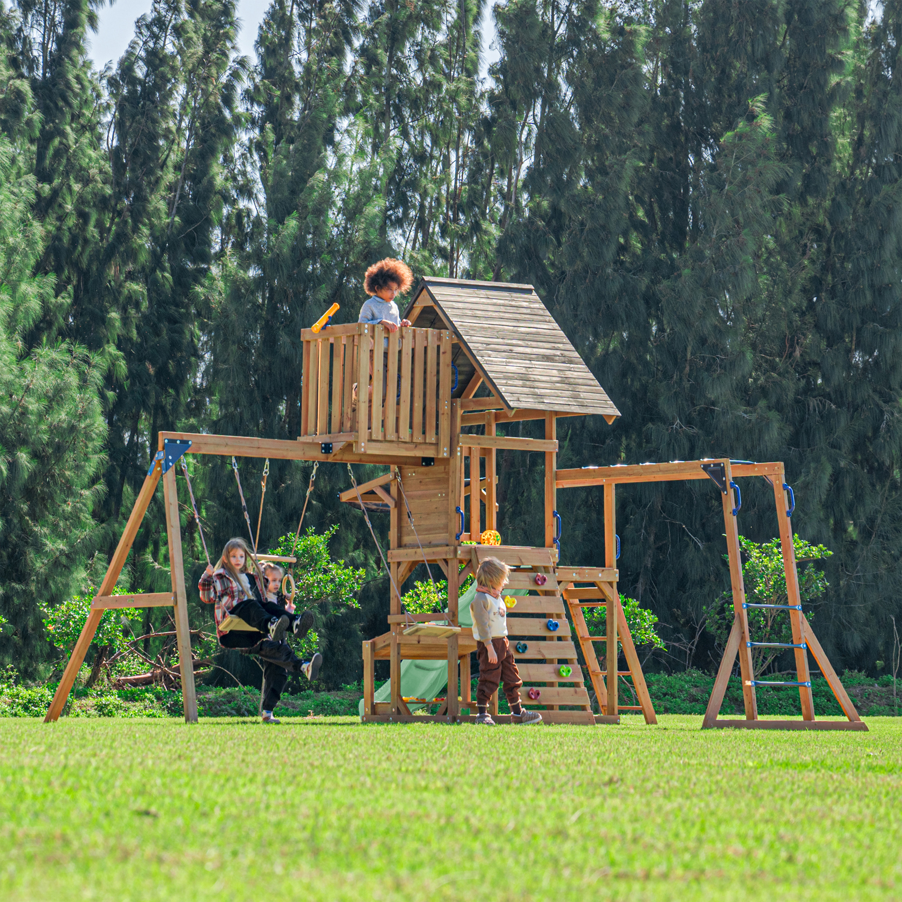 AXI Mitch Climbing Frame with Double Swing, Trapeze and Lookout Tower – Pastel Green Slide