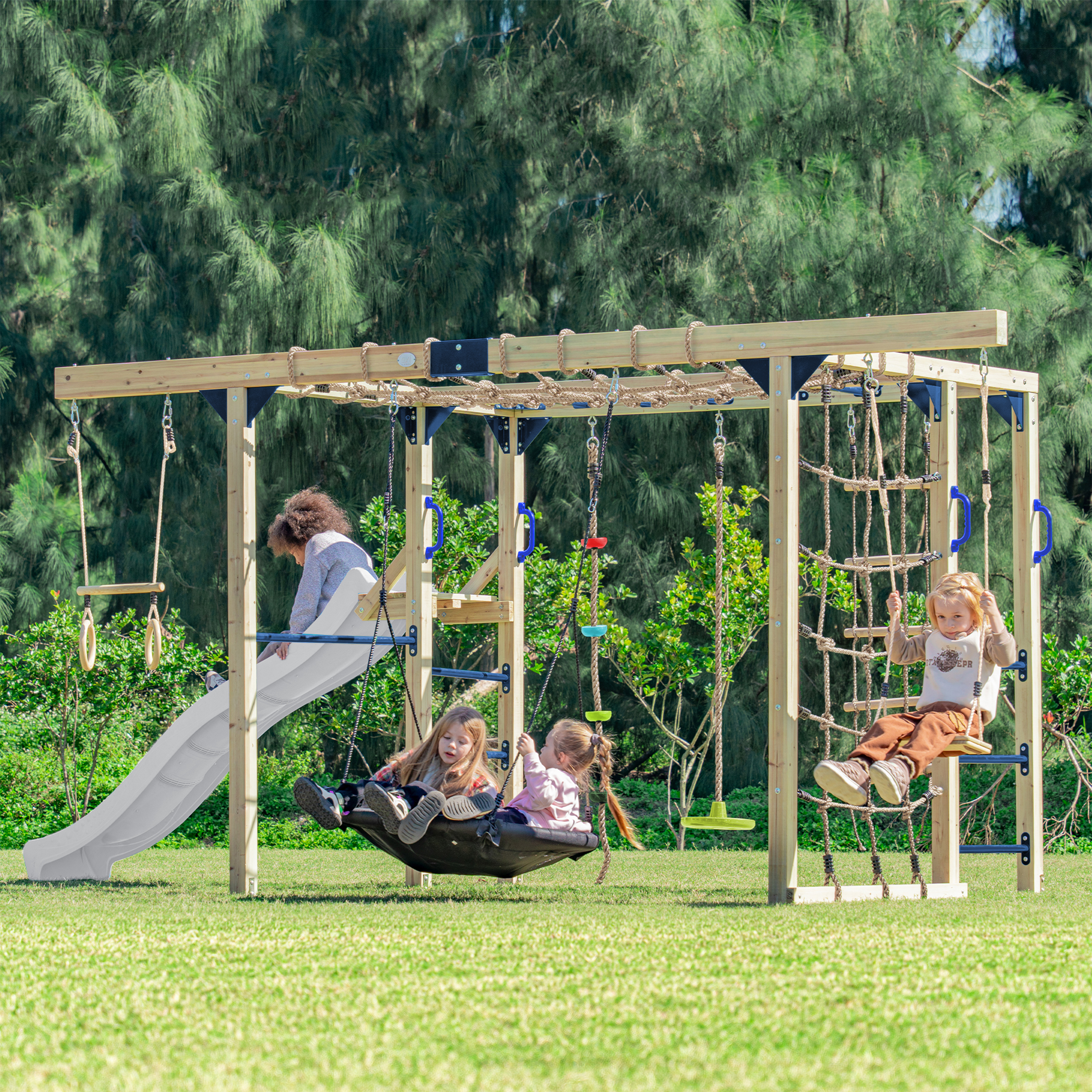 AXI Boris Wooden Playcentre with Swings. Trapeze. Climbing Nets and Monkey Bars – White Slide