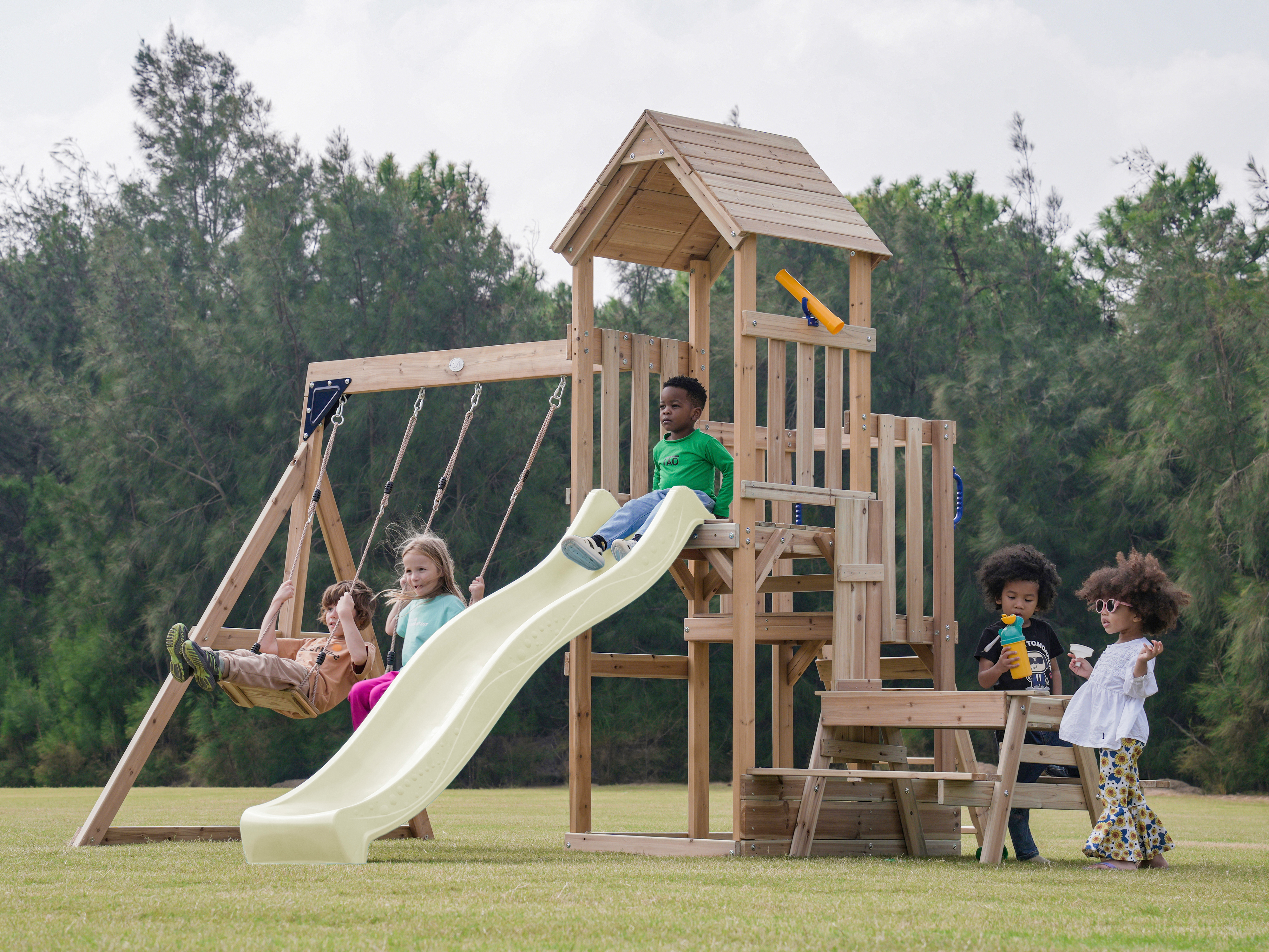 AXI Mette Climbing Frame with Double Swing Set and Picnic Table - Cream Slide