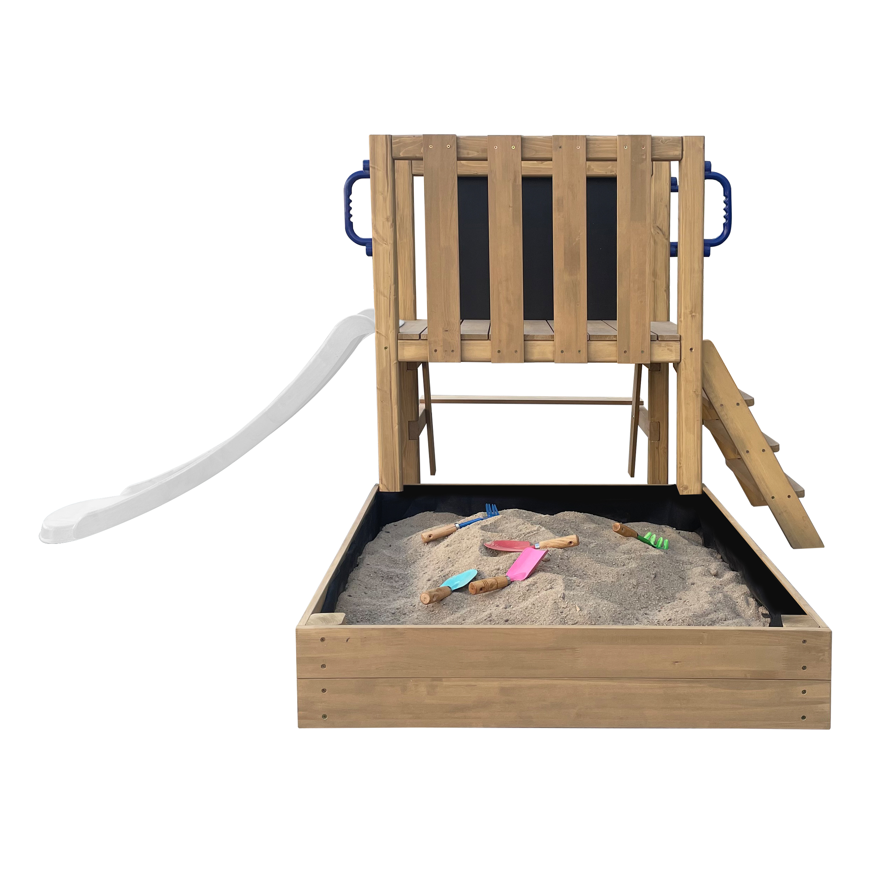 AXI Leah Mini Wooden Playtower with Sandbox, Picnic Table & Chalkboard – White Slide