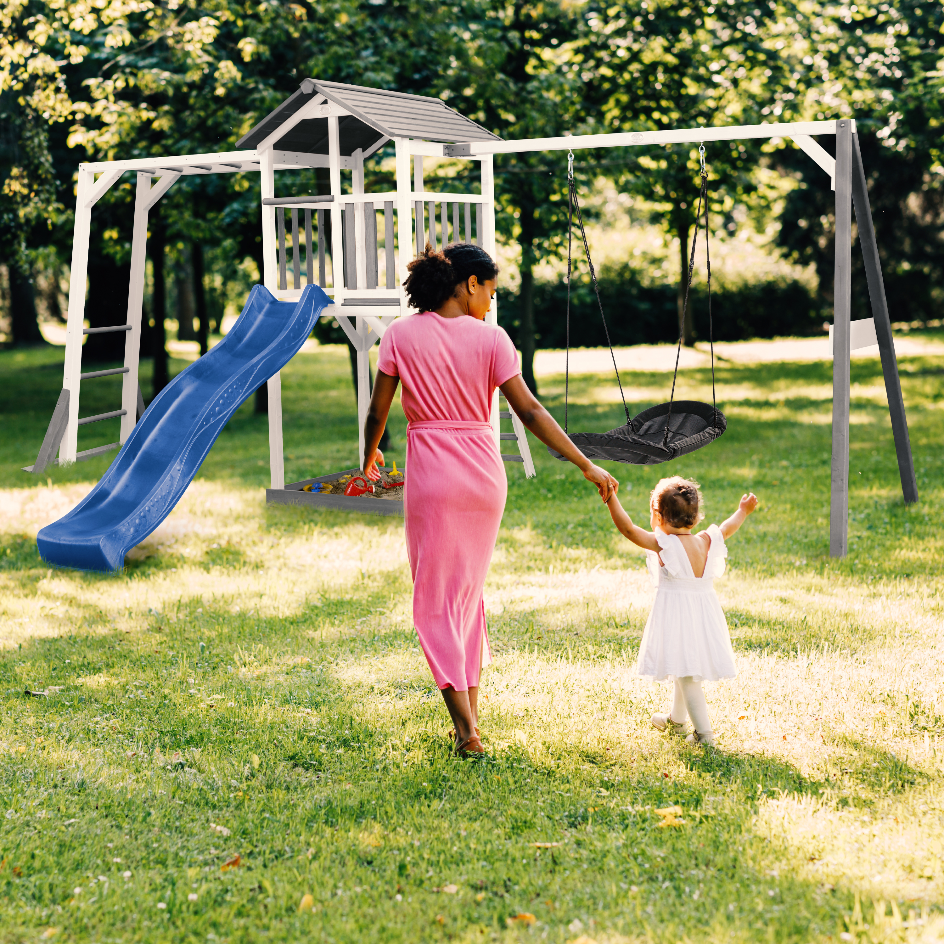 AXI Beach Tower with Climbing Frame and Roxy Nest Swing Set Grey/White - Blue Slide