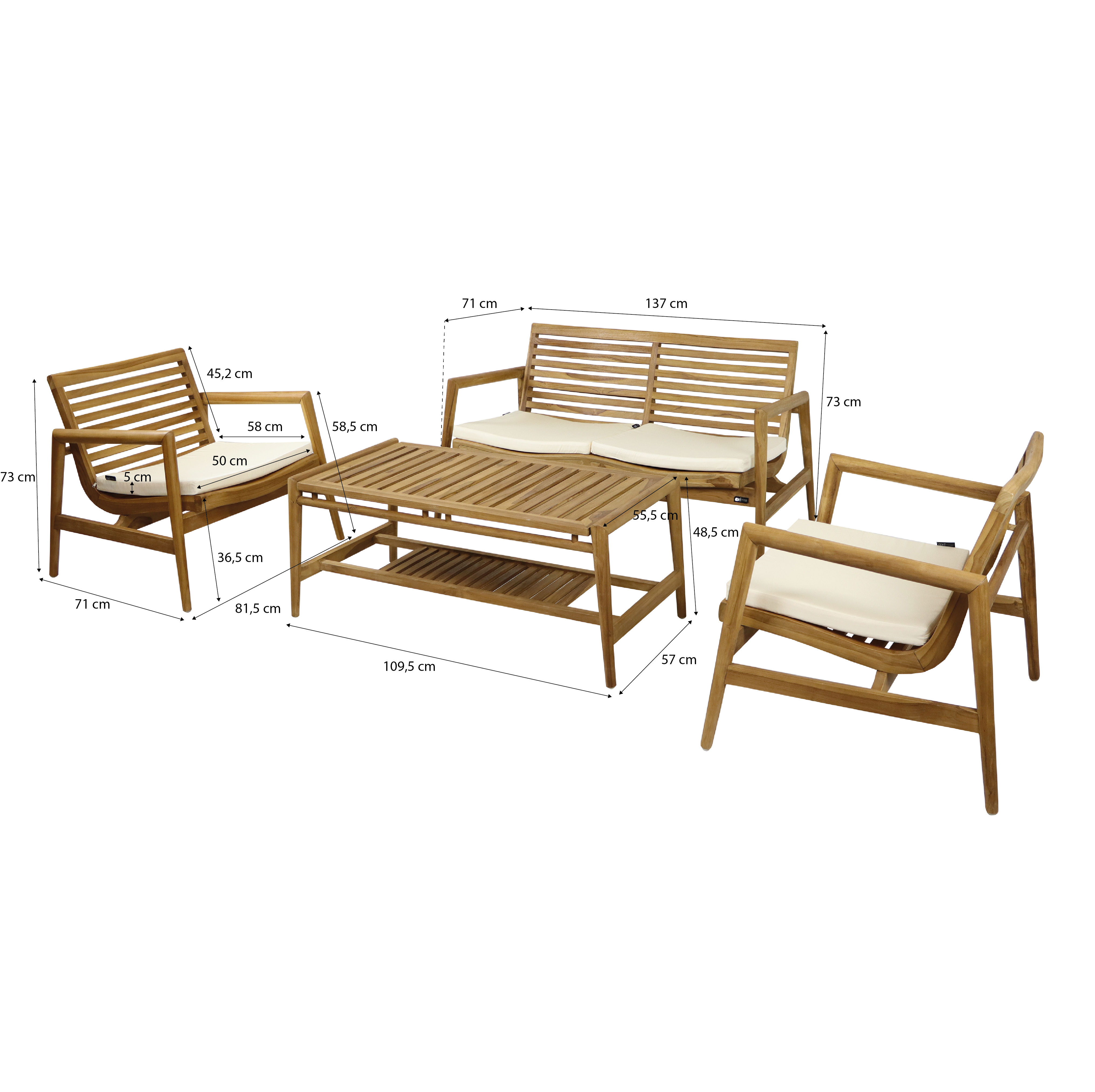 AXI June Lounge Set 4-piece with bench. table & 2 chairs - Teak/Cream