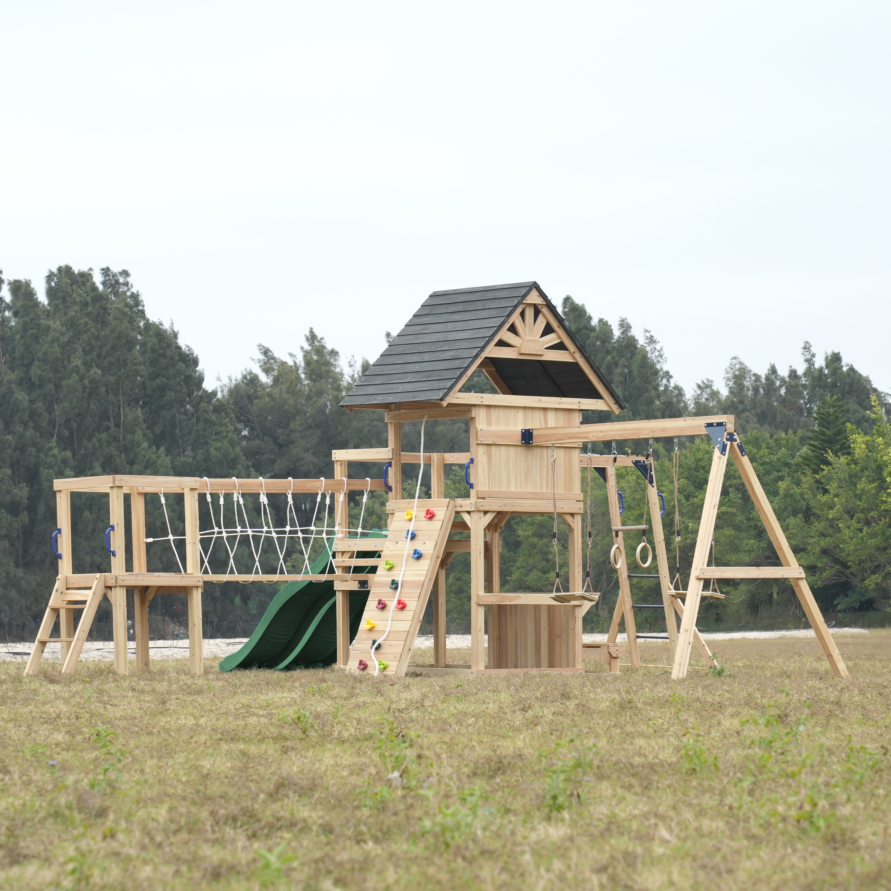 AXI Hunter Climbing Frame with Swings, Climbing Frame, Climbing Bridge and Multiple Platforms – Green Double Slide