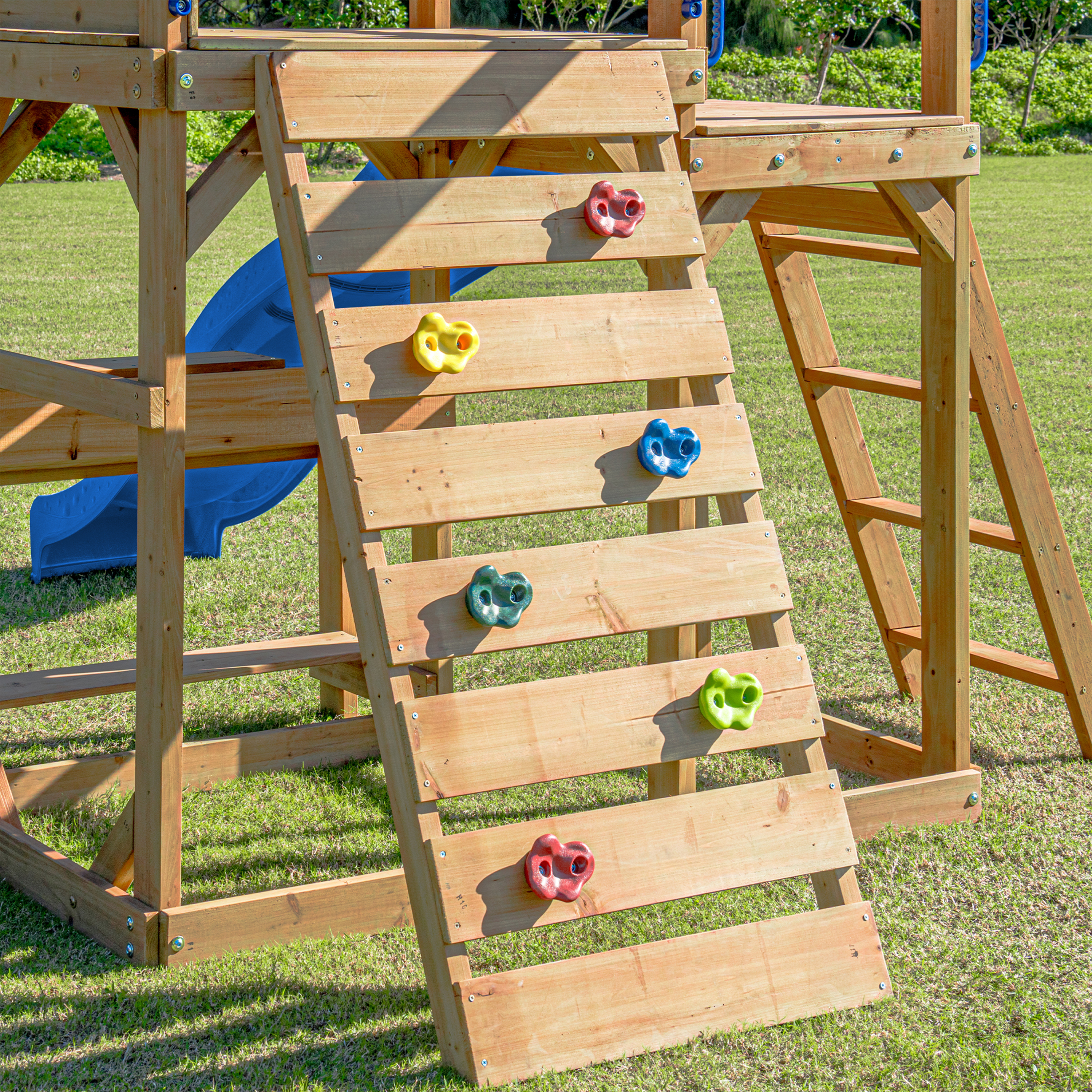 AXI Mitch Climbing Frame with Double Swing. Trapeze and Lookout Tower – Blue Slide
