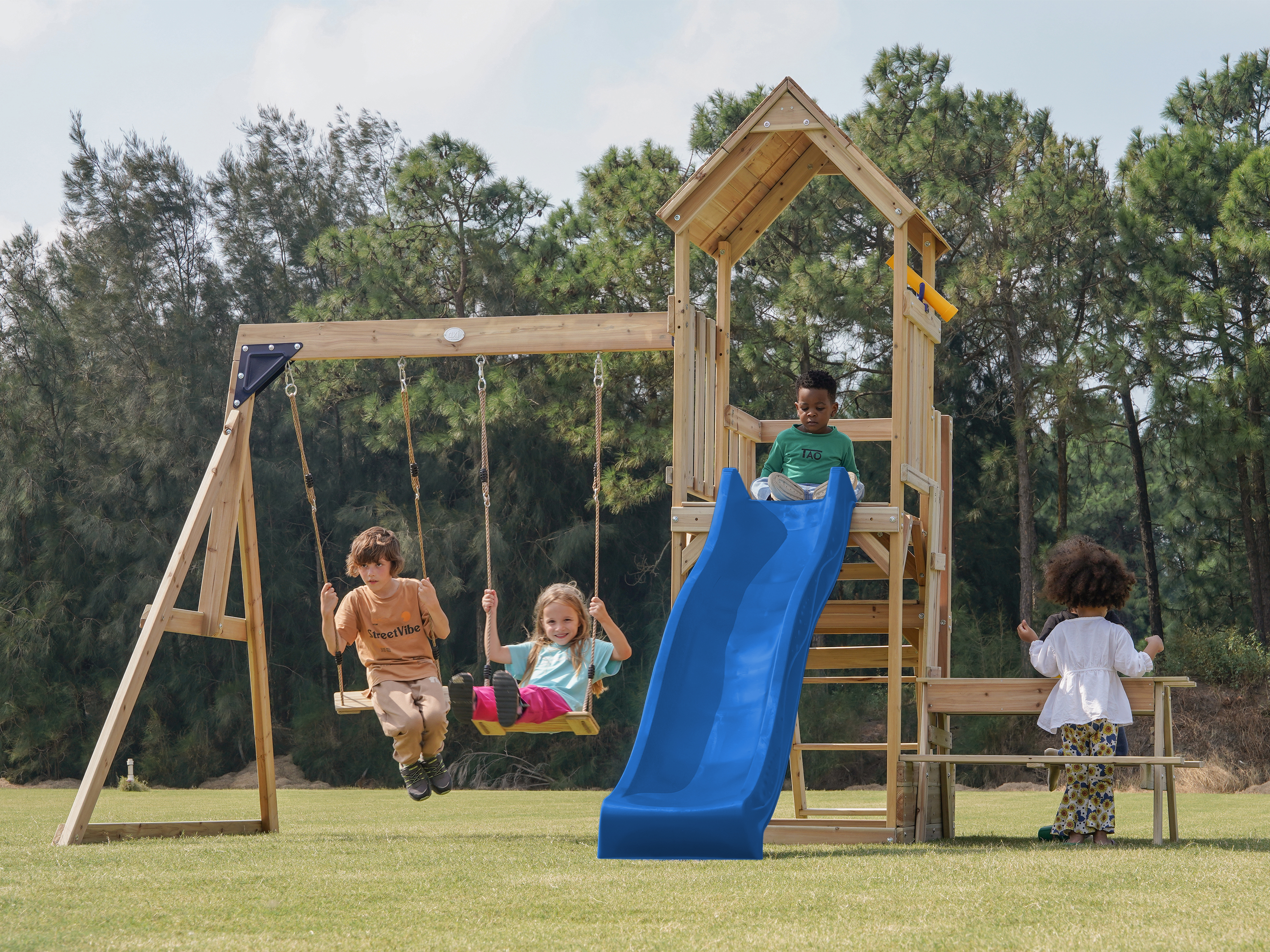 AXI Mette Playground with Double Swing Brown - Blue Slide 