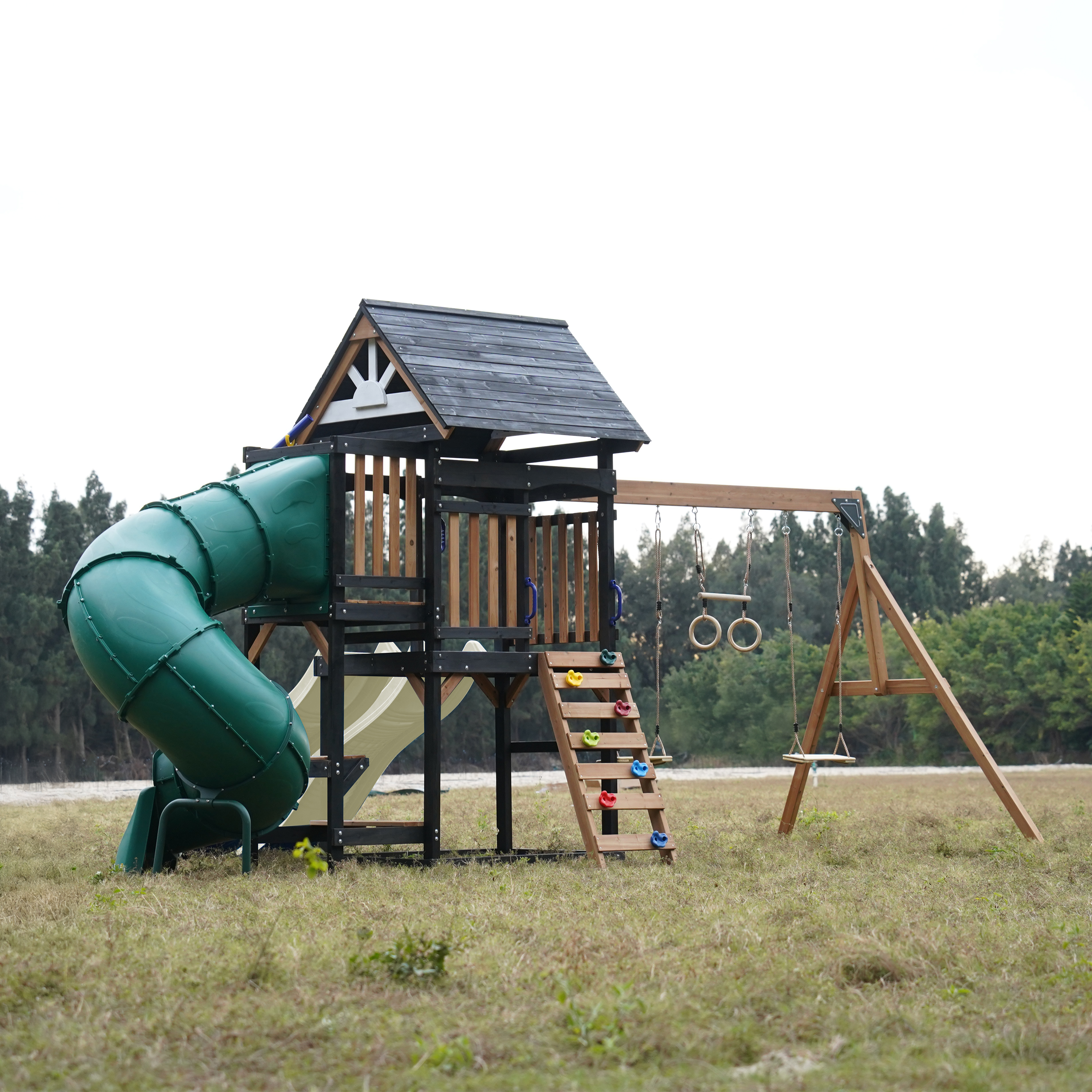 AXI Cody Climbing Frame with Swings, Trapeze and Climbing Wall – Cream Double Slide and Tube Slide