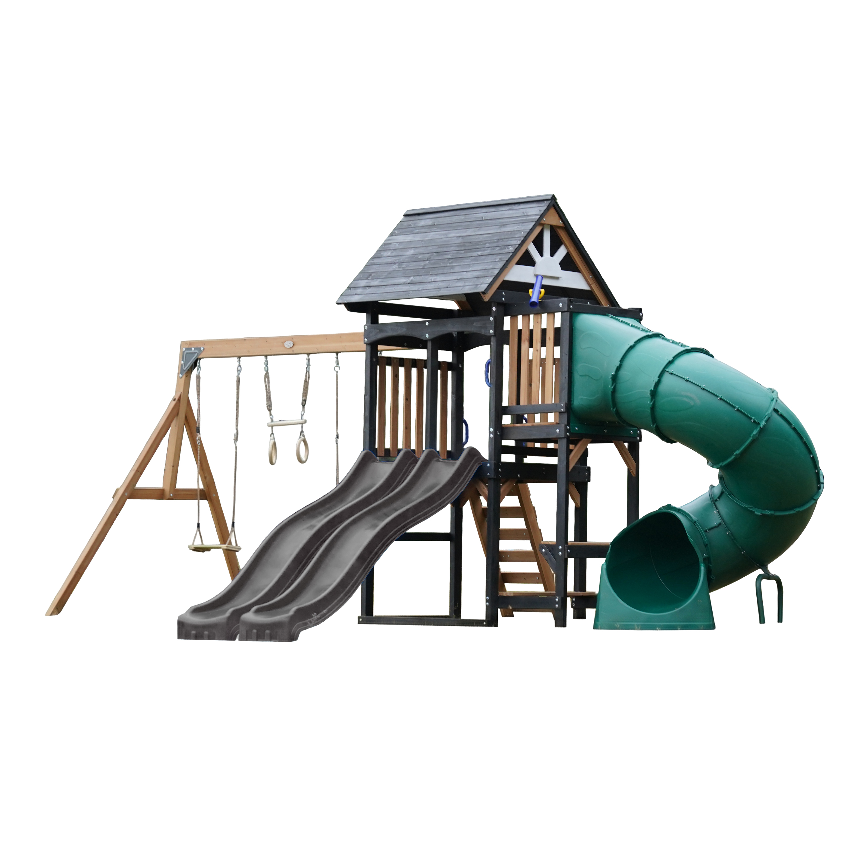 AXI Cody Climbing Frame with Swings. Trapeze and Climbing Wall – Grey Double Slide and Tube Slide