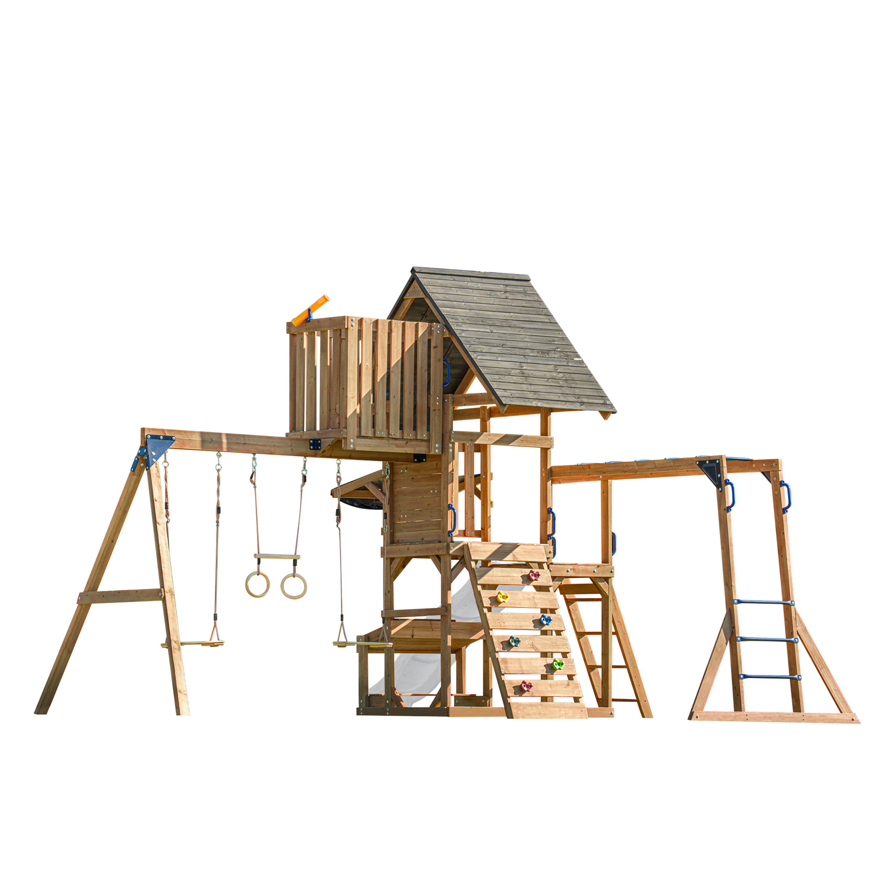 AXI Mitch Climbing Frame with Double Swing, Trapeze and Lookout Tower – White Slide