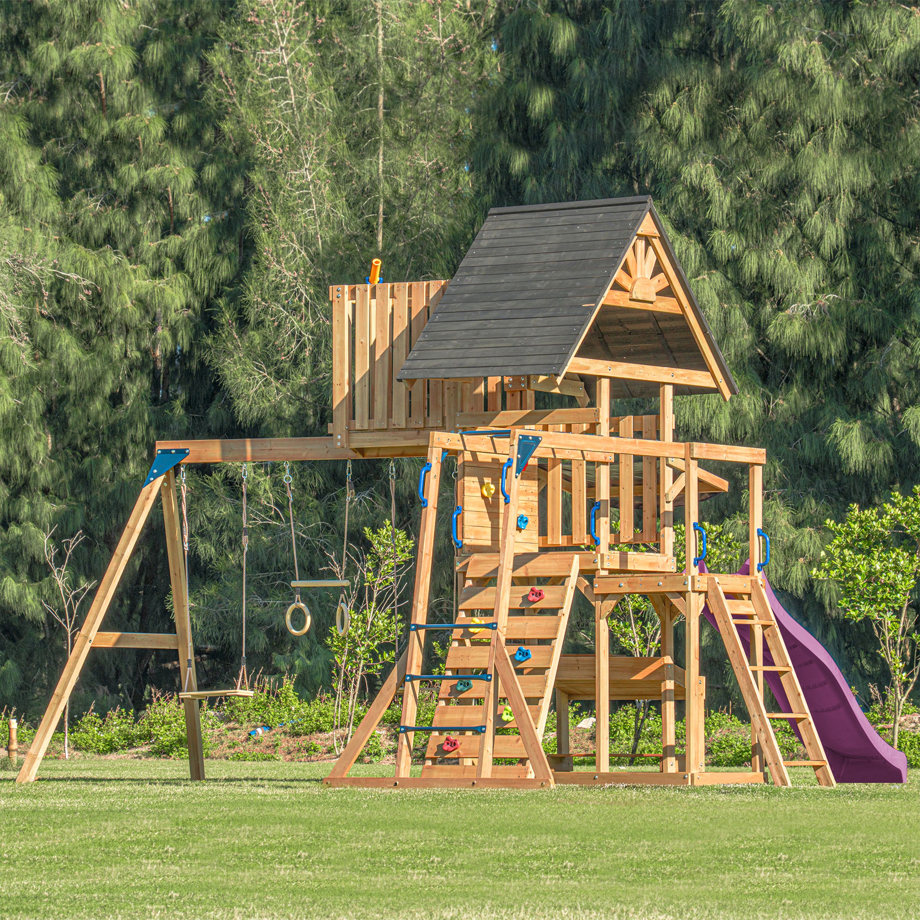 AXI Mitch Climbing Frame with Double Swing. Trapeze and Lookout Tower – Purple Slide