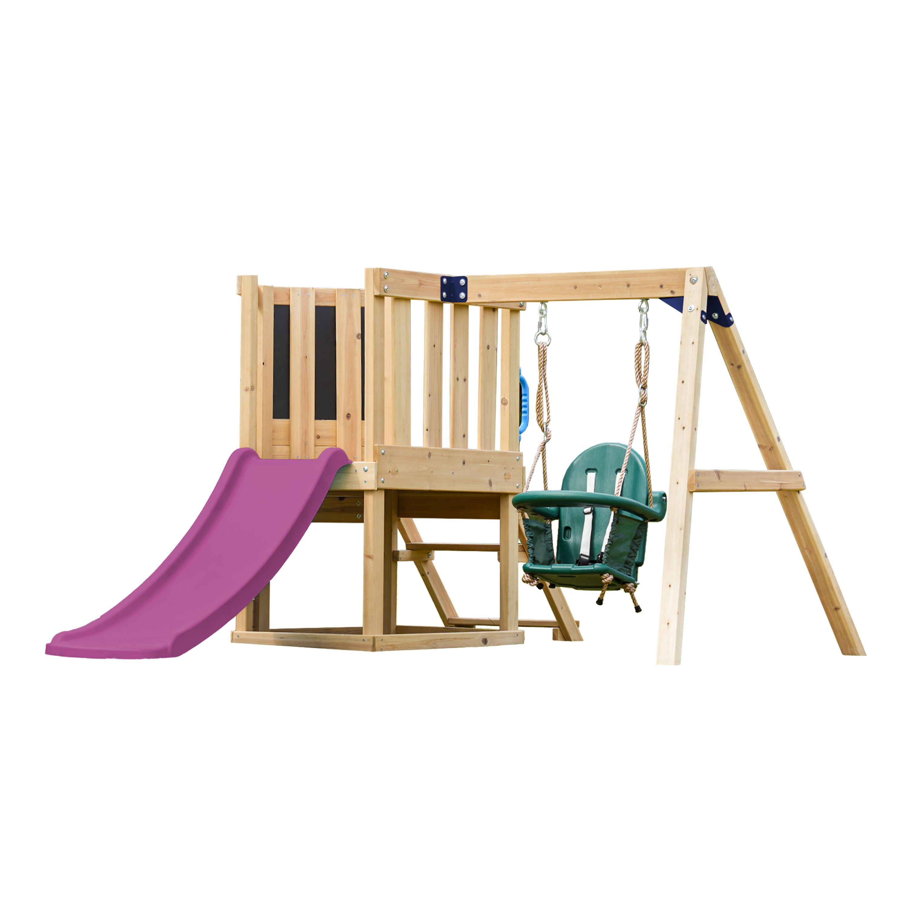 AXI Timo Mini Climbing Frame with Baby Swing. Climbing Wall and Chalkboard – Purple Slide