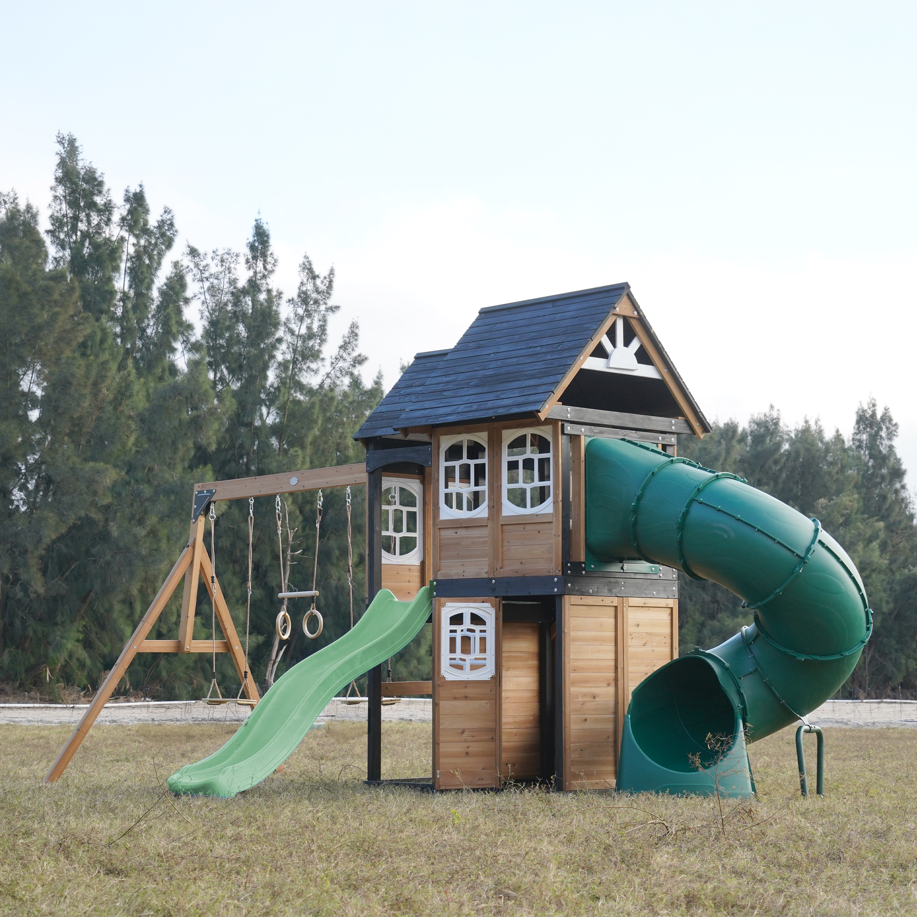 AXI Noud Climbing Frame with Playhouse, Swings, Trapeze and Climbing Wall – Pastel Green Slide and Tube Slide