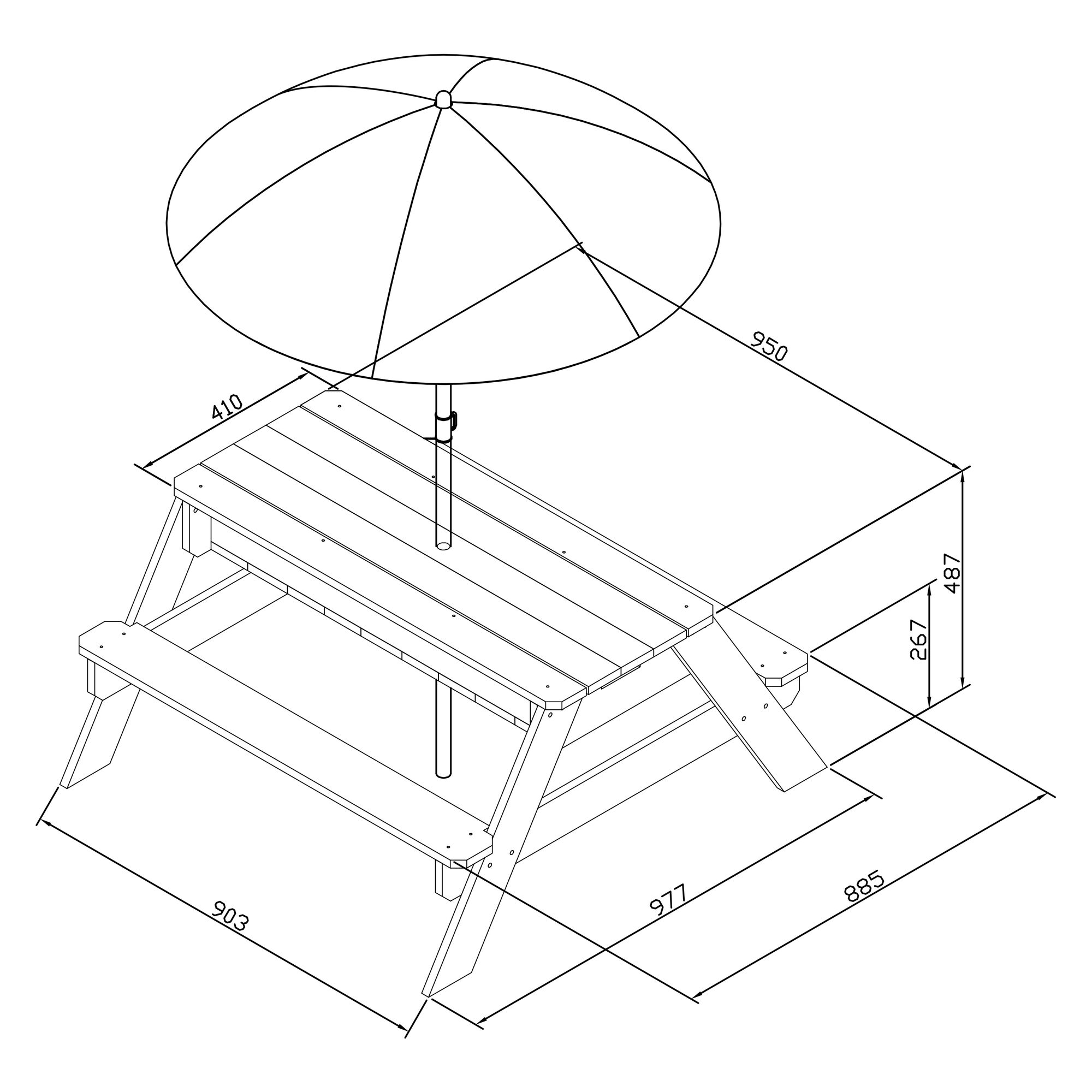 maattekening AXI Nick Zand & Water Picknicktafel Antraciet/bruin - Parasol Blauw/wit