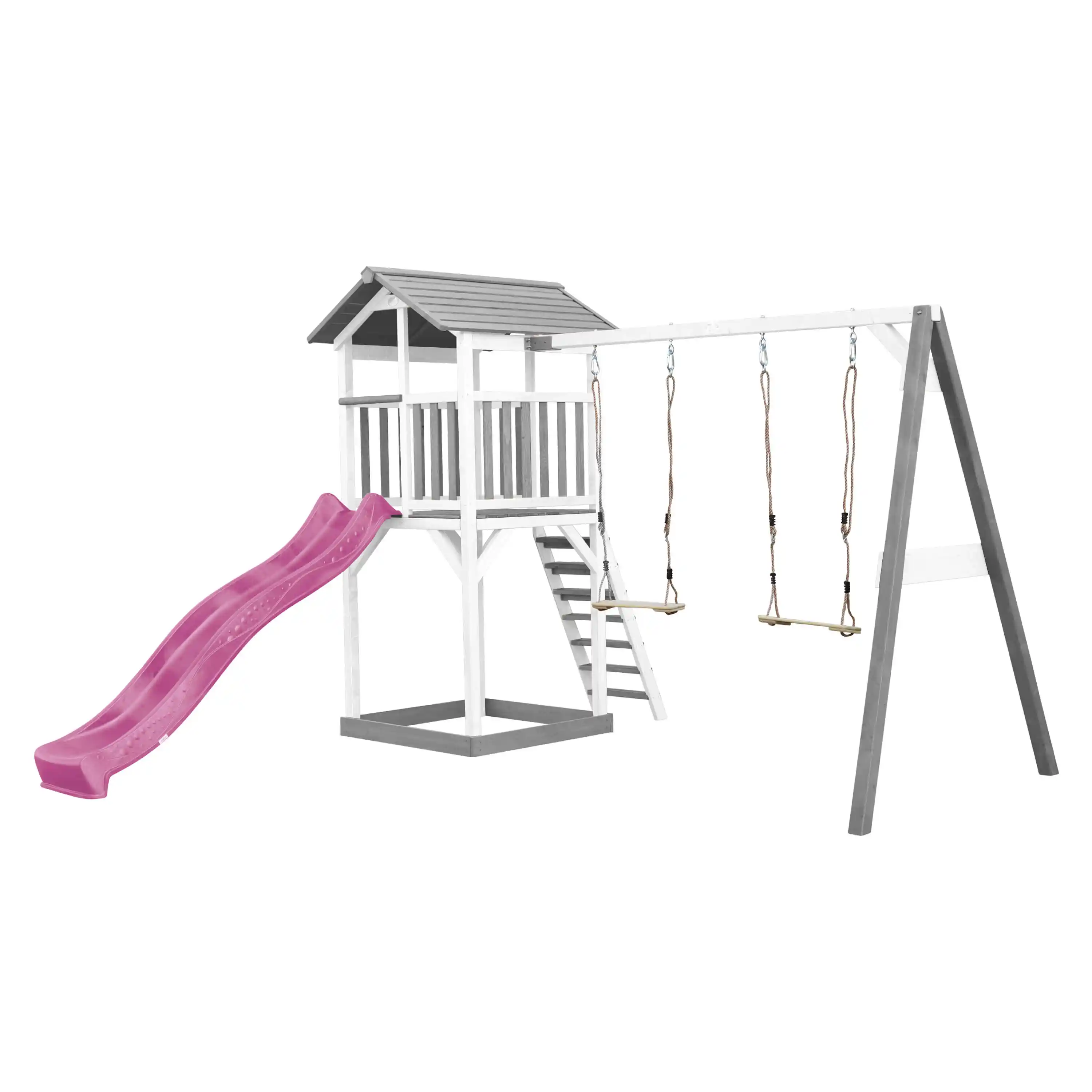 AXI Beach Tower Speeltoren met Dubbele Schommel Grijs/wit - Paarse glijbaan