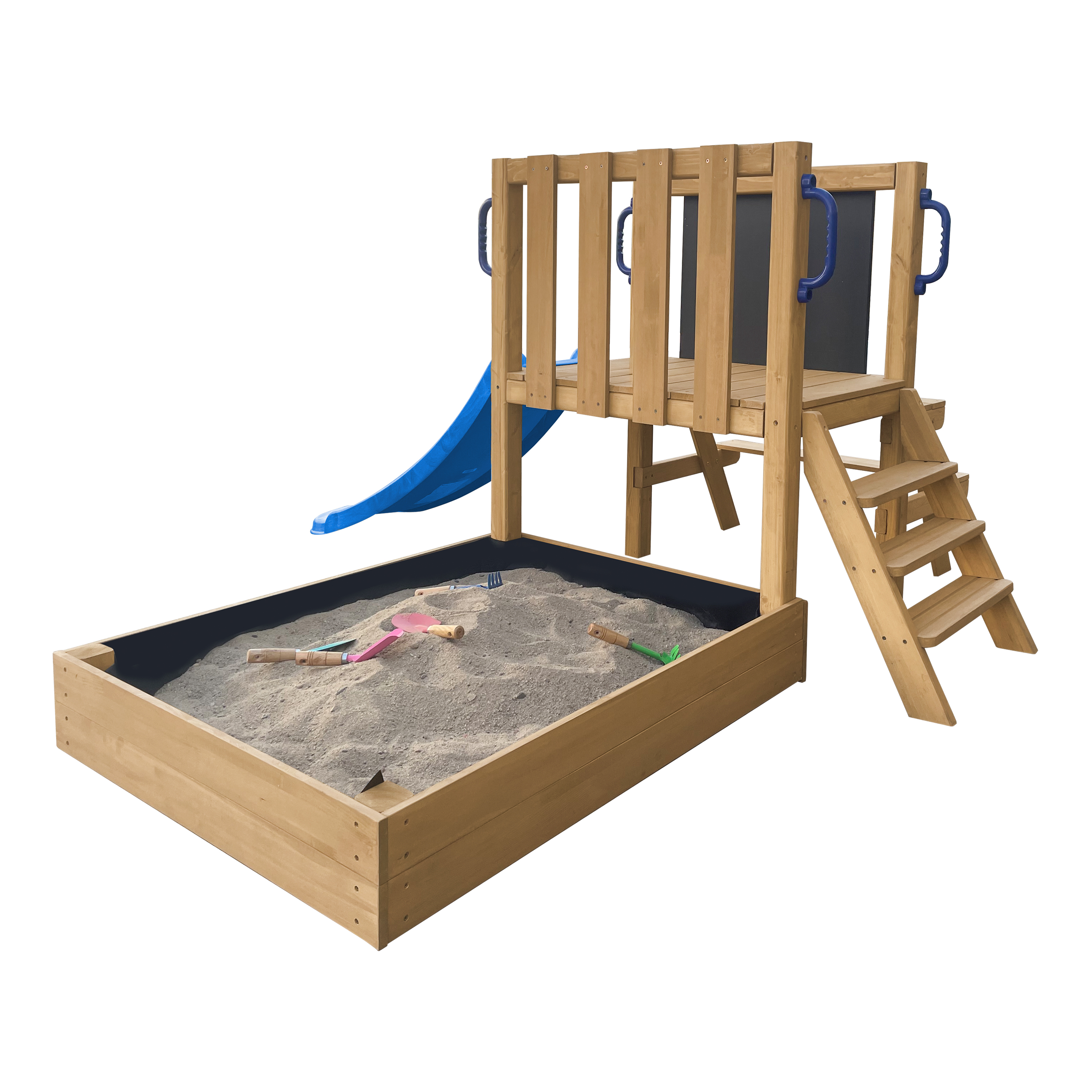 AXI Leah Mini Wooden Playtower with Sandbox. Picnic Table & Chalkboard – Blue Slide 